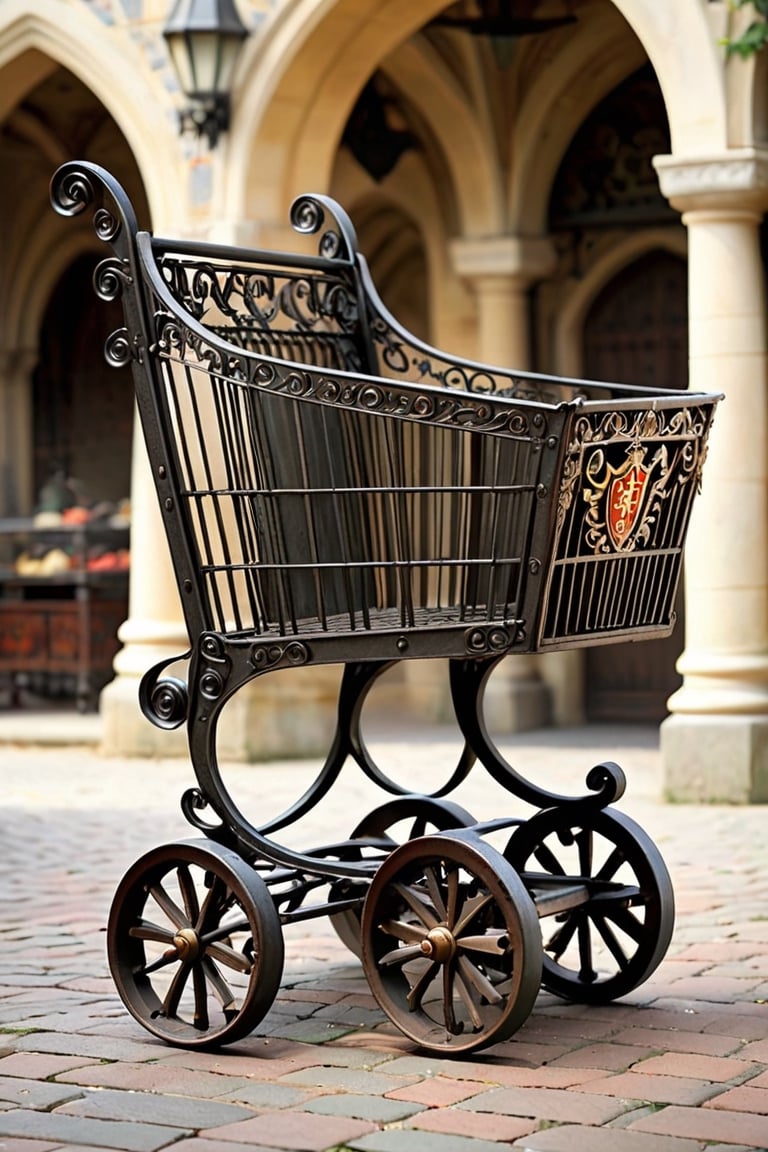 Shopping carts created by medieval European knights exude strength, durability, and elegance. Made of sturdy iron with intricate decorations reminiscent of medieval armor, these carts are built to withstand the rigors of the marketplace. The knight's attention to detail is evident throughout the cart's design, from the ornate scrollwork to the elaborately crafted handles.