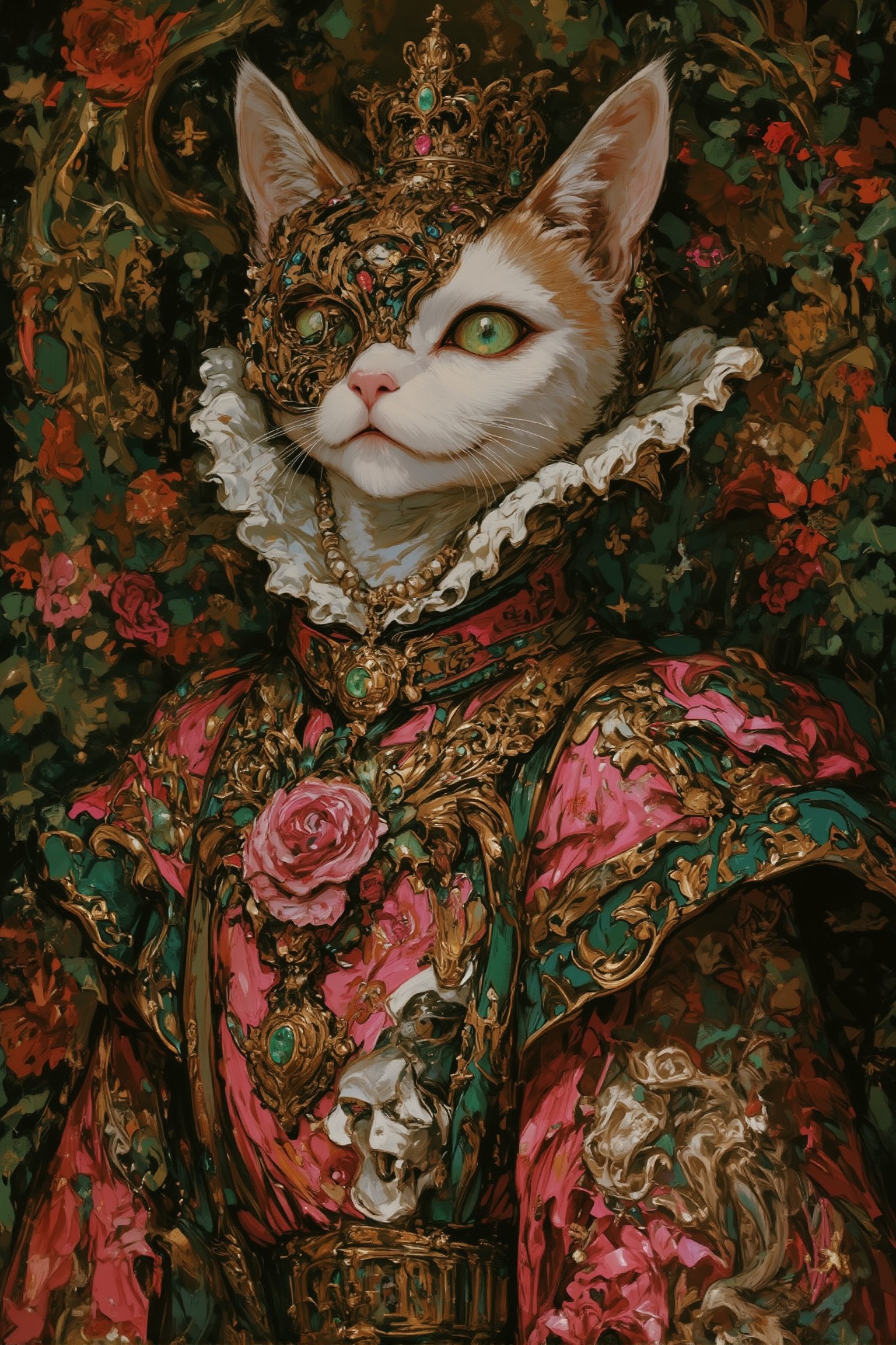 Hyper-realistic portrait of a regal cat in elaborate Gothic-Renaissance style attire, set against an ornate floral background,

Cat features:
- White fur with subtle tan markings on ears,
- Piercing green eyes, one partially covered by a mask,
- Pink nose and whiskers,

Headpiece:
- Intricate golden mask covering right eye, adorned with emerald and ruby gems,
- Ornate crown with pearls, golden leaves, and jewels,
- Large pink rose centerpiece,

Neck attire:
- Oversized white ruffled collar (Elizabethan style),
- Multiple strands of pearl necklaces,
- Golden pendant with floral design,

Clothing:
- Rich pink and green Renaissance-style gown,
- Lace and golden embroidery details,

Background:
- Lush, dark floral pattern with swirling designs,
- Predominantly green and pink hues, matching the cat's attire,
- Intricate, painterly style reminiscent of baroque textiles,

Overall mood: Opulent, whimsical, and slightly surreal, blending feline grace with historical fashion in a richly detailed composition.,lyh_niji,Surreal art,furry