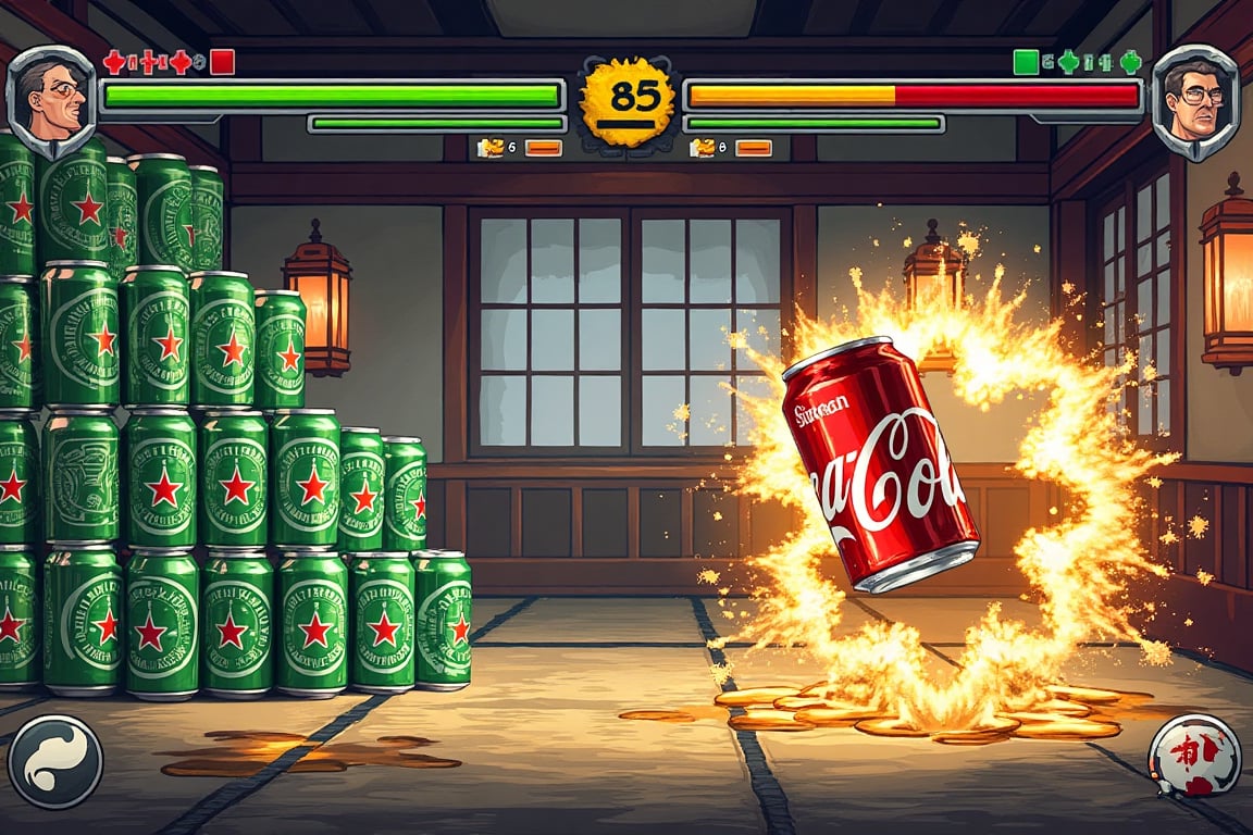 Pixel art style fighting game screen layout, spectacular fighting scenes, Left: legions of Heineken beer cans, metallic green aluminum cans with the iconic red star logo, Right: a lone classic Coca-Cola can in a defensive position, a red aluminum can with a clearly visible white wave design, HUD elements: green health bar on the top screen, yellow super meter bar, timer in the middle showing "85". Dynamic special attack scene: a Heineken can unleashes a huge wave of golden beer spray with foam effects, bubbles and light refraction, Set in a traditional Japanese room: tatami mats, shoji screens, wooden beams, lanterns, detailed liquid and metal textures. The cans clearly show the logos and designs of both brands. Environmental interaction: puddles of beer and cola on tatami mats, floating water droplets and foam effects. Multiple layers of cans create depth in the fighting scenes. ,Fighting Game UI PC Version "VS" Fight,fighting game UI PC VERSION "VS" fight