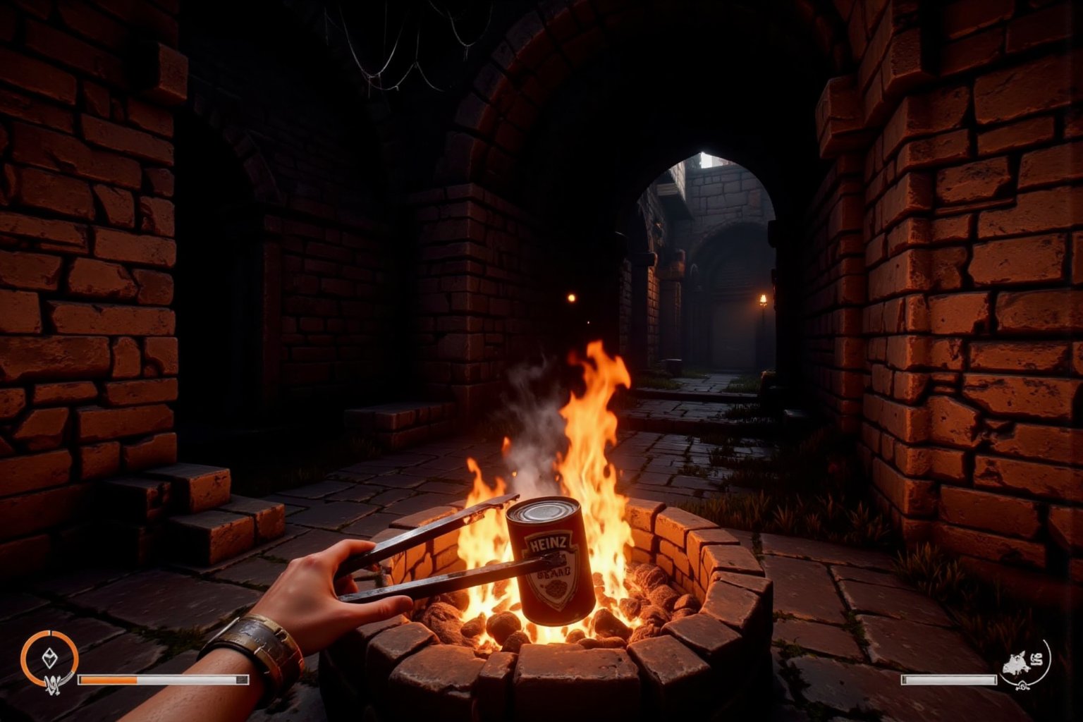 First-person POV of a surreal game scene. Dark stone dungeon corridor with arched ceiling and cobwebbed corners. In the foreground, a cozy campfire crackling, casting warm orange light. Player's hands visible, holding a can of Heinz beans over the fire with improvised tongs. The red and white Heinz label clearly visible, slightly charred at the edges. Steam rising from the can, suggesting it's warming up. Behind the fire, the corridor stretches into darkness. UI elements subtly integrated: health bar, inventory slots, and mini-map in screen corners. Firelight creates dancing shadows on rough stone walls. Hyper-realistic graphics with detailed textures on the stone, flames, and bean can. Atmosphere is a bizarre mix of survival gameplay and unexpected product placement. Depth of field effect slightly blurring the distant corridor. Overall mood: strangely comforting yet unsettling, as if having a mundane meal in an extraordinary setting.,textbox