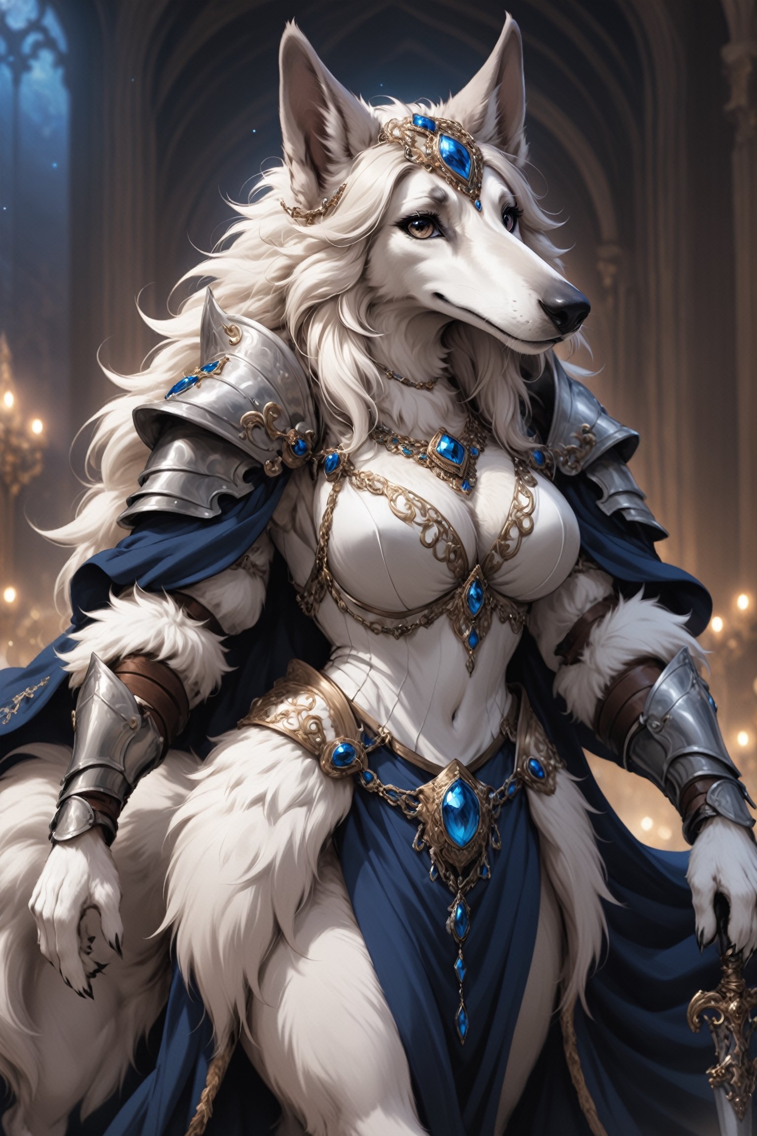 Extreme detailed,
very long White hair beautiful borzoi aristocratic woman,(very long nose:1.7),((Fur skin)),(long eyelashes),wears many ornaments,elegance and beautiful  borzoi Dog,
Wearing luxury Maximilian Armor,large Breast,
l ,aw0k euphoric styleMagical Fantasy style,Qftan,knight,anthro,dal