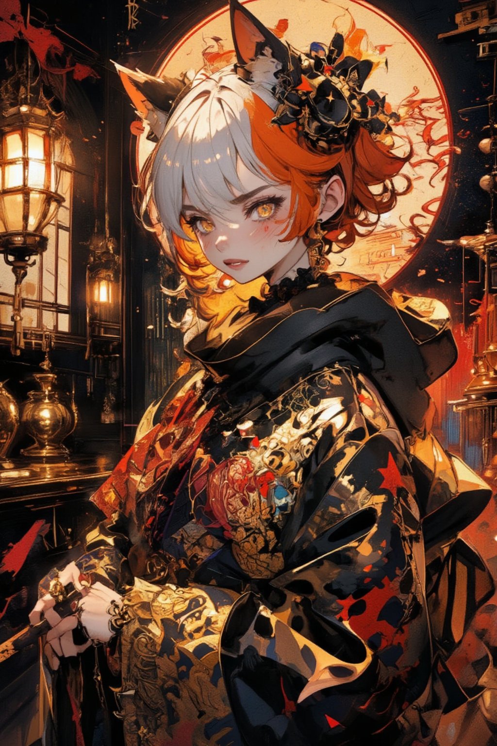 Anime-style illustration of a gothic punk girl in an ornate kimono. Close-up portrait with intense,  golden cat-like eyes...