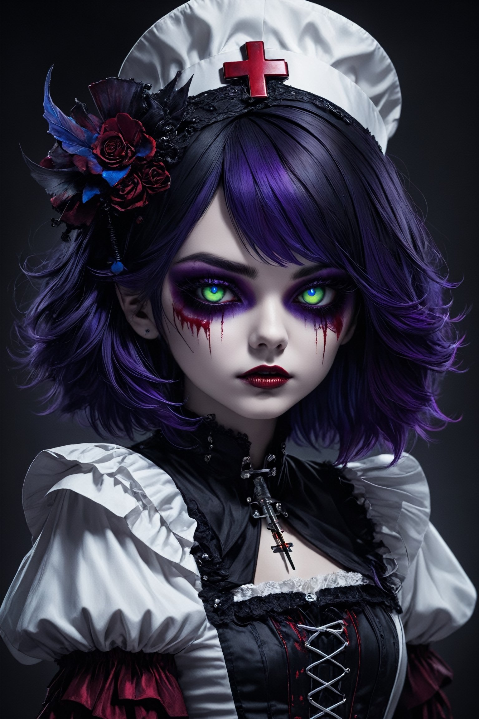  female nurse, a gothic-emo theme, she is characterized by her unique fashion sense,((white nurse uniform)),white nurse cap, deep purple and crimson accents,((syringe in her hand:1.5)), a lace-up corset at her side, and silver accessories with gothic motifs such as crosses.
Her hair is asymmetrically layered and dyed in shades of dark purple and jet black with bright streaks of electric blue and blood red, dark eyeliner and dramatic eye makeup,dal