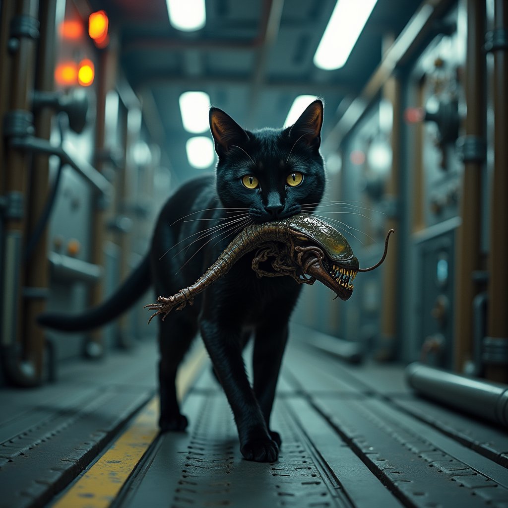 A sleek determined cat,  walking through the interior of a futuristic spaceship,  with an Alien Xenomorph clenched in its...