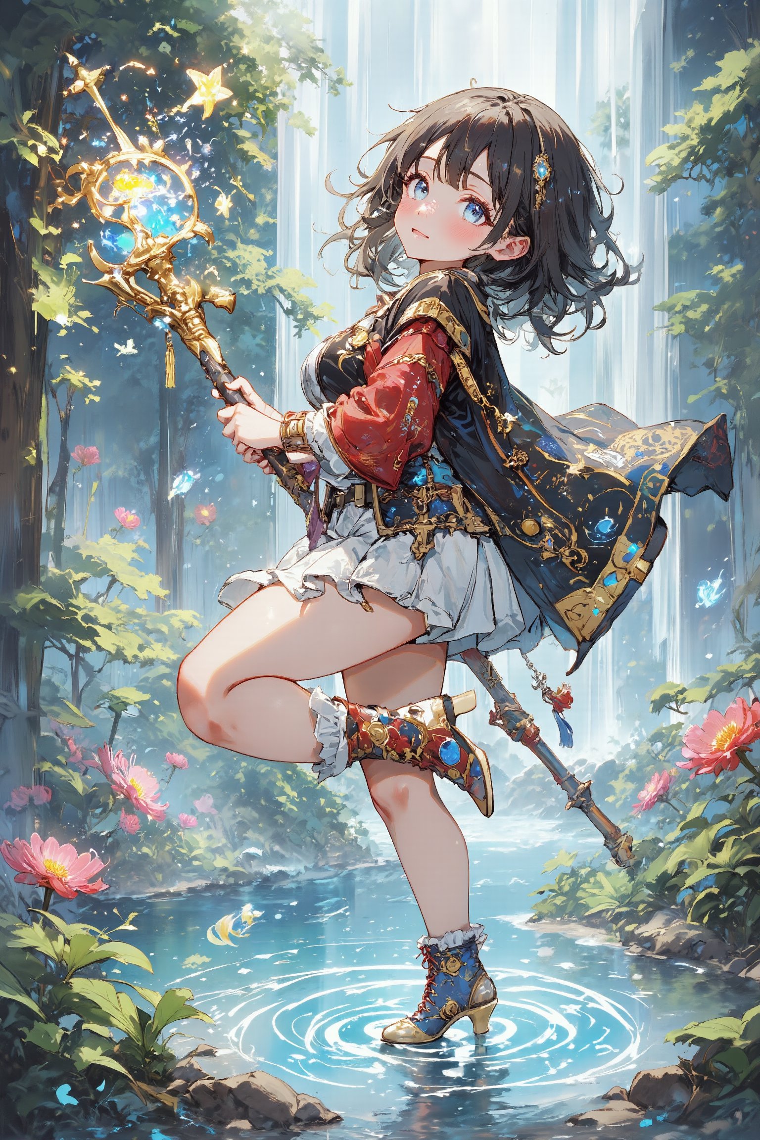 Anime-style illustration of a cheerful young alchemist girl. Short black hair with ahoge, blue eyes, bright smile. Tribal face paint: delicate swirling patterns in white around eyes and cheeks. Outfit: white shorts, black and gold jacket, red arm wraps. Holding ornate gold-tipped staff. Floating magical items: glowing potion bottles, small creatures. Accessories: star-shaped hair clip, unique high-heeled boots (blue, gold, red). Pose: turning to look at viewer, one leg lifted playfully. Color palette: black, white, gold, red, blue accents. Style: clean lines, vibrant colors, detailed. Background: beautiful waterfall pool. Lush greenery, sparkling water, misty air. Lighting: soft, magical glow from both character and waterfall. Mood: joyful, mysterious, adventurous. Key details: smoke from potion, floating stars, intricate designs on clothing and staff. Overall: charming blend of magic, science, and nature in energetic character design.,dal,fantasy girl