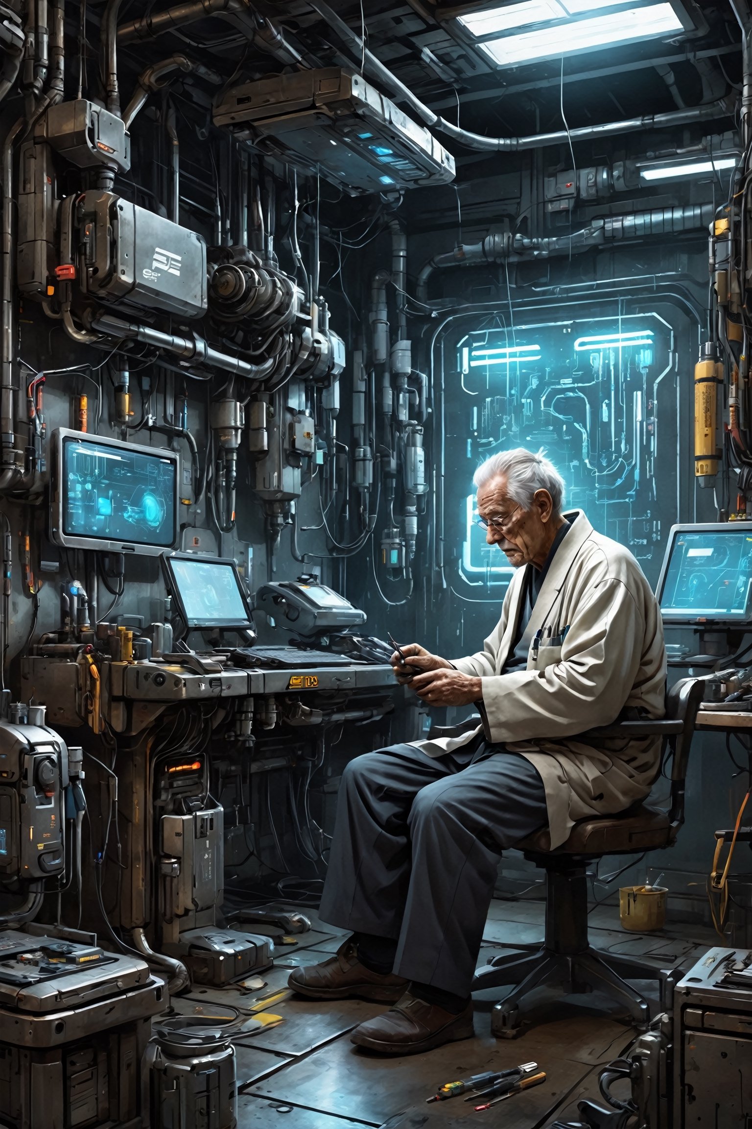 In a bustling cyberpunk world repair shop, an elderly gentleman in a slightly dirty kimono works diligently amidst the hum of machinery and the smell of oil and metal. Wires hang from the ceiling, connecting to various gadgets awaiting repair, while shelves are lined with futuristic gadgets and mechanical parts. The elderly man's faded kimono bears stains of grease from years of hard work as he tinkers with a damaged cybernetic arm at a cluttered workbench. Holographic blueprints and schematics float around him, guiding his repairs as he breathes new life into broken devices,Cyberpunk Doctor,No keyword