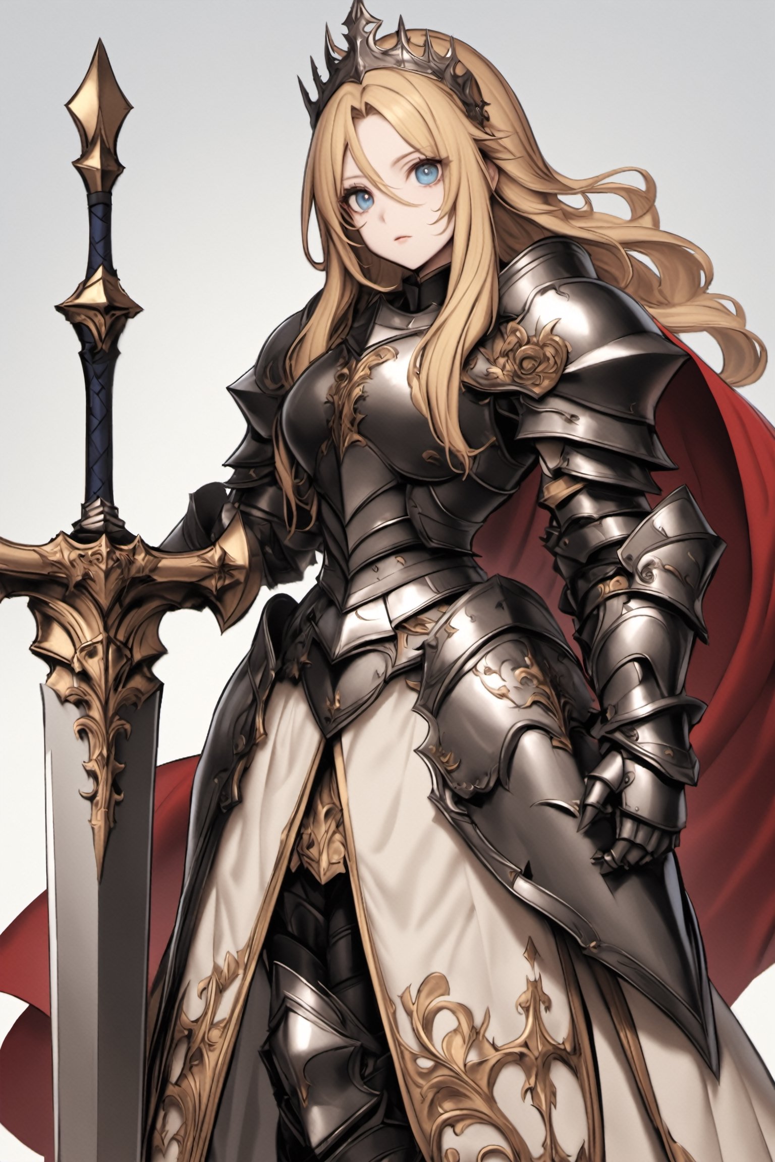 solo,royal knight, princess knight,Golden hair, beautiful blue eyes, gauntlets, red cape,Heavy full-body armor that overwhelms the viewer, the armor is carved with very elaborate gold,Huge sword by the side,zavy-lndskncht