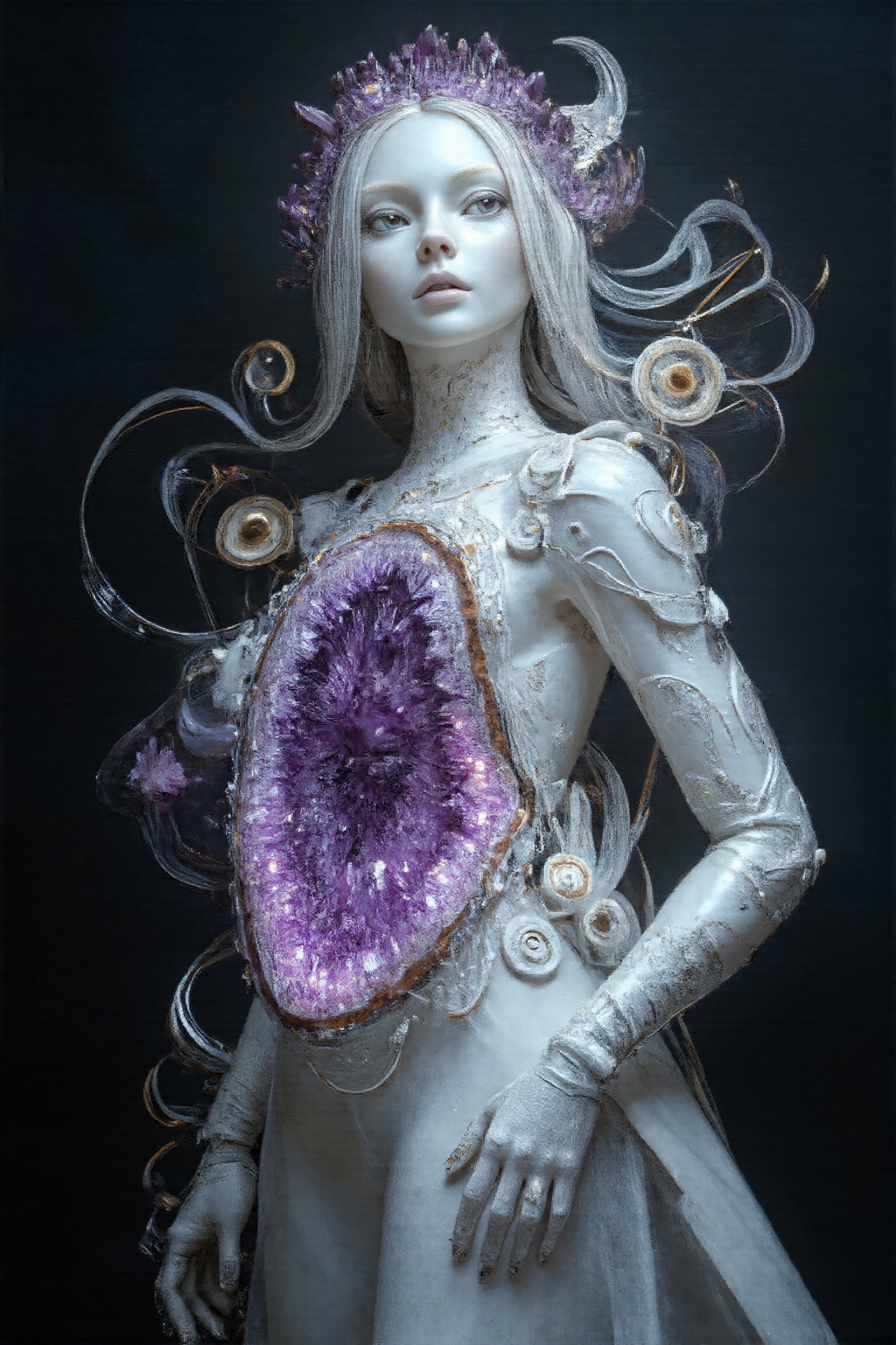 A A mesmerizing female cyborg sculpted from lustrous white porcelain, posed gracefully against a dark background. Her sleek body resembles fine bone china, with subtle joint lines hinting at her mechanical nature. The cyborg's face is a perfect mirror surface, mysterious and otherworldly, reflecting and distorting light.

The centerpiece is her abdomen: a large, natural amethyst geode carefully integrated into her porcelain form. This geode cavity showcases a breathtaking display of deep purple amethyst crystals. The crystals range from dark, intense purple at the center to lighter, more translucent shades near the edges. The crystalline structure creates a mesmerizing depth effect, with countless facets catching and refracting light.

Delicate, circuit-like patterns etched into her white porcelain limbs occasionally illuminate with a soft purple glow, echoing the amethyst's color. Her hands and feet feature visible ball joints, merging artificial design with natural crystal aesthetics.

Dramatic lighting emphasizes the porcelain's sheen and the captivating sparkle of the amethyst crystals within the geode.

Photorealistic render, high detail, dramatic lighting, blend of futuristic and natural elements..,Fantasy Regal Artgem,PorcelainDollPrincess,1girl