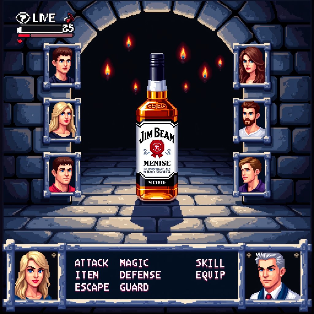 A retro-style RPG battle screen with pixelated 16-bit graphics,  six party member portraits arranged around screen edges w...