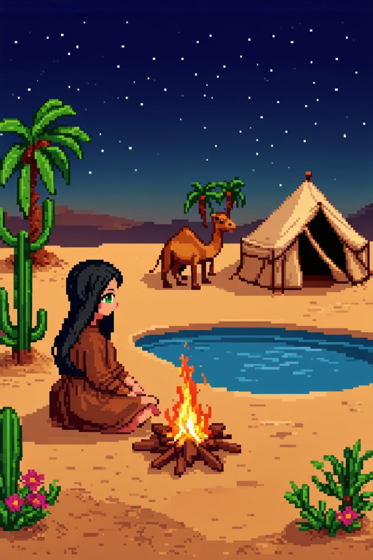 Pixel art scene of a vast desert oasis at dusk. A young nomad girl with long black hair and striking green eyes sits by a small campfire. Her traditional robes flow in earthy tones. Palm trees and a small pool reflect the setting sun. The girl's tent is nearby, made of weathered fabric. A camel rests in the background. The sky transitions from deep blue to orange, with pixelated stars appearing. Cacti and desert flowers dot the landscape.,pixelartsd3