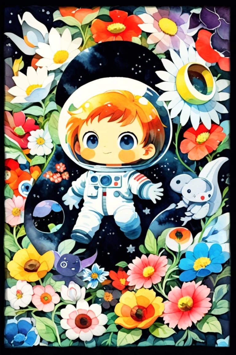 Deformed pop art,Ultra maximalism art, a beautiful flower garden with bright flowers blooming as far as the eye can see, an astronaut surrounded by flowers,
A strange alien sight, a black monument covered in flower vines,
Astronaut flowers, astronaut_flowers,watercolor \(medium\),dal-6 style,kankandara,chibi emote style,Anime style