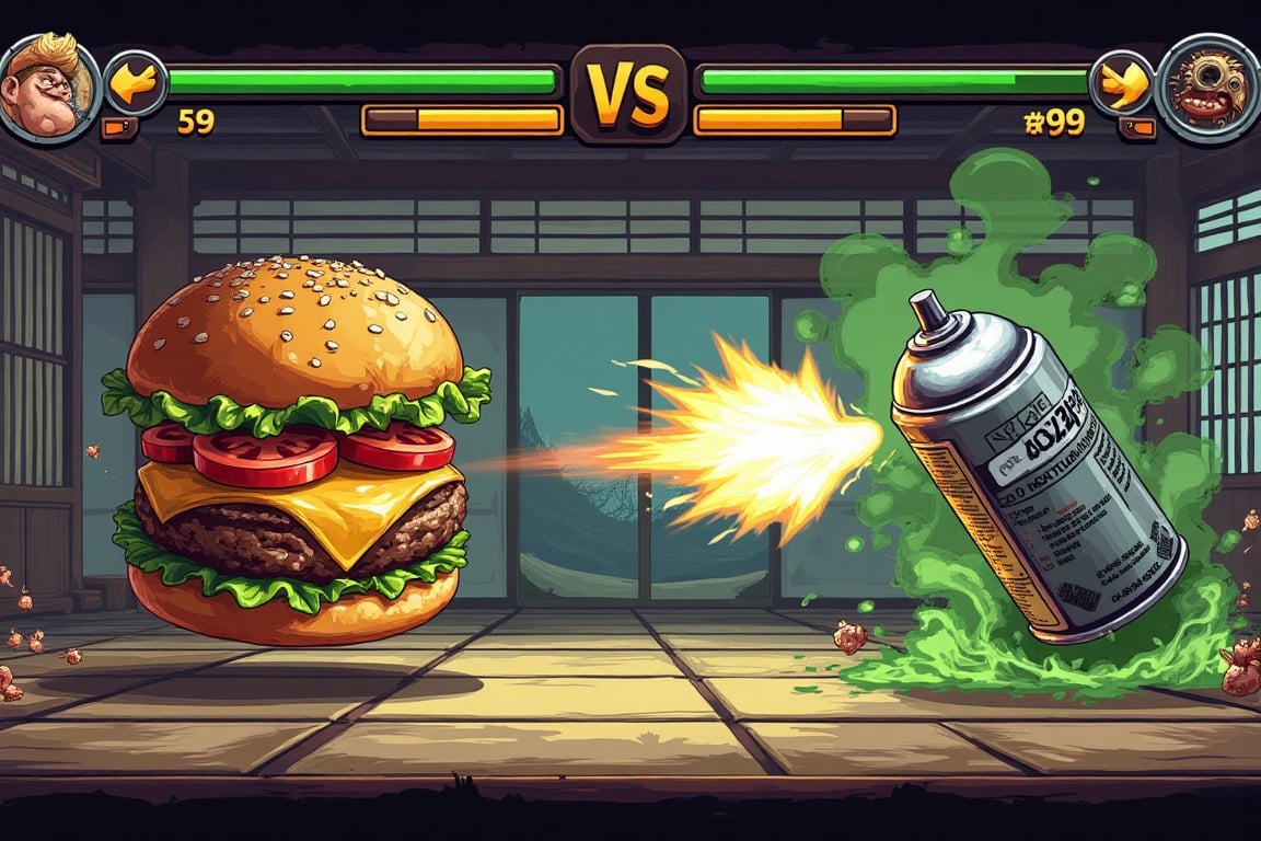 A pixel art style fighting game screen layout, 16:9 aspect ratio, intense battle scene. Left side: large juicy hamburger in battle stance (visible layers: golden-brown toasted bun, fresh green lettuce, red tomato slices, melted cheese, thick beef patty) floating with a powerful aura, some sesame seeds dramatically floating around it. Right side: aggressive-looking insecticide spray can (metallic silver body, warning labels, nozzle pointed forward) unleashing a toxic green spray attack. HUD elements: green health bars top screen, yellow super meter bars, timer showing "99". Dynamic battle effects: insecticide can shooting toxic mist streams with pixel art poison effects, green particles, and skull symbols in the spray. Hamburger counter-attacking by launching its ingredients as projectiles: flying lettuce leaves with motion trails, tomato slices spinning like shurikens, melted cheese stretching and whipping. Set in traditional Japanese room: tatami mats, shoji screens, wooden beams, paper lanterns. Visual effects: toxic mist clouds, food particle effects, motion blur on flying ingredients, impact sparks when attacks collide. Background shows environmental damage: green spray stains on shoji, scattered sesame seeds and bread crumbs on tatami, toxic puddles. Pixel art style similar to Metal Slug, with detailed food textures and liquid spray physics. Dynamic lighting highlighting the toxic spray's glow and the hamburger's appetizing details.,fighting game UI PC VERSION "VS" fight