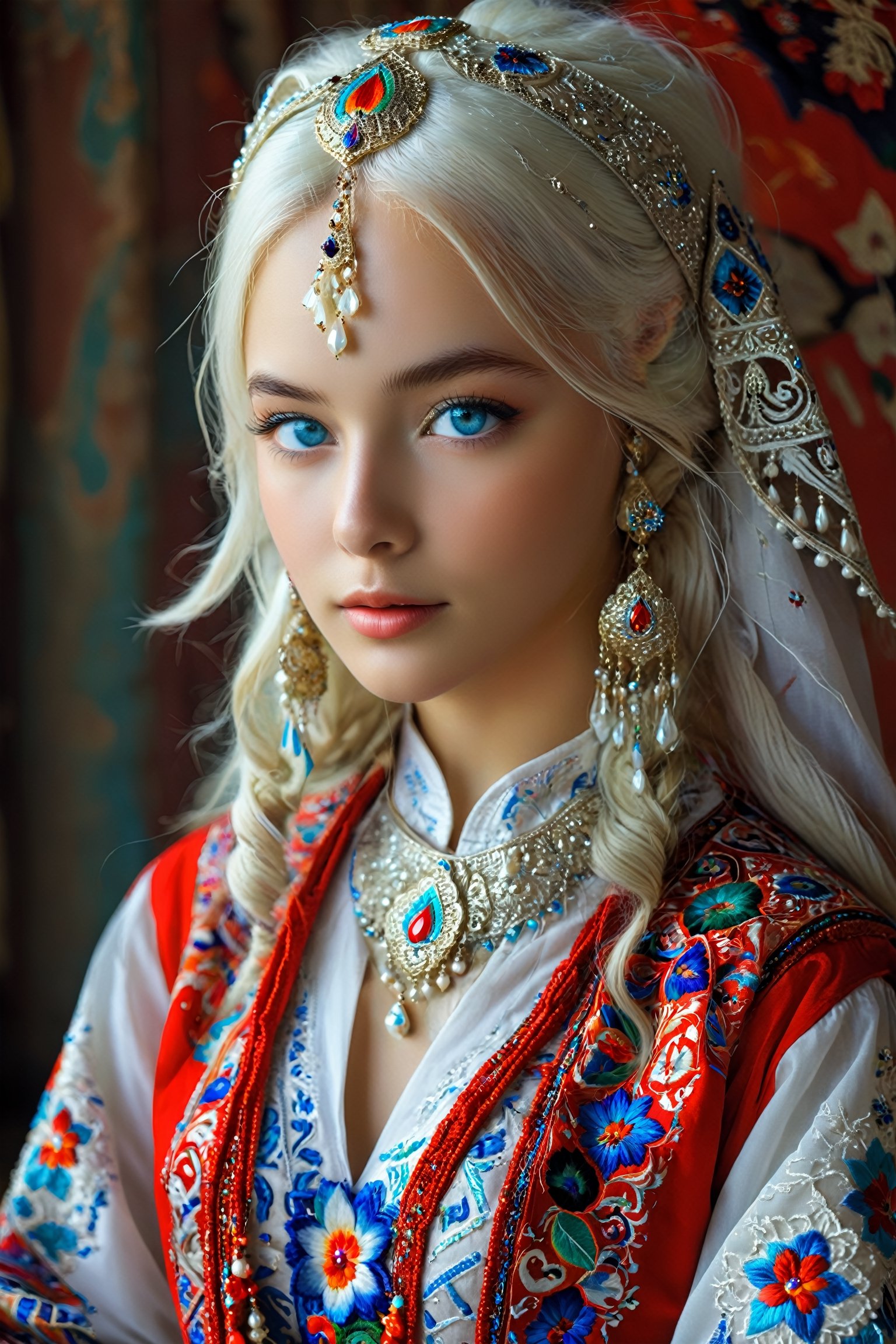 Beautiful Ukrainian girl,16 years old,A happy expression,Beautiful iris with high precision,blue eyes,Turkmenistan Chirpy,(Big breasts),(Deep cleavage),(long pure white hair),
Wearing traditional Turkmen wedding costumes intricately embroidered with delicate and beautiful patterns, characterized by bright colors and fine needlework, women wear headscarves and headdresses decorated with jewels and beads, adding elegance to their ensembles, earrings, necklaces, bracelets, and other accessories. accessories, red bottoms, and fur boots,Extremely Realistic