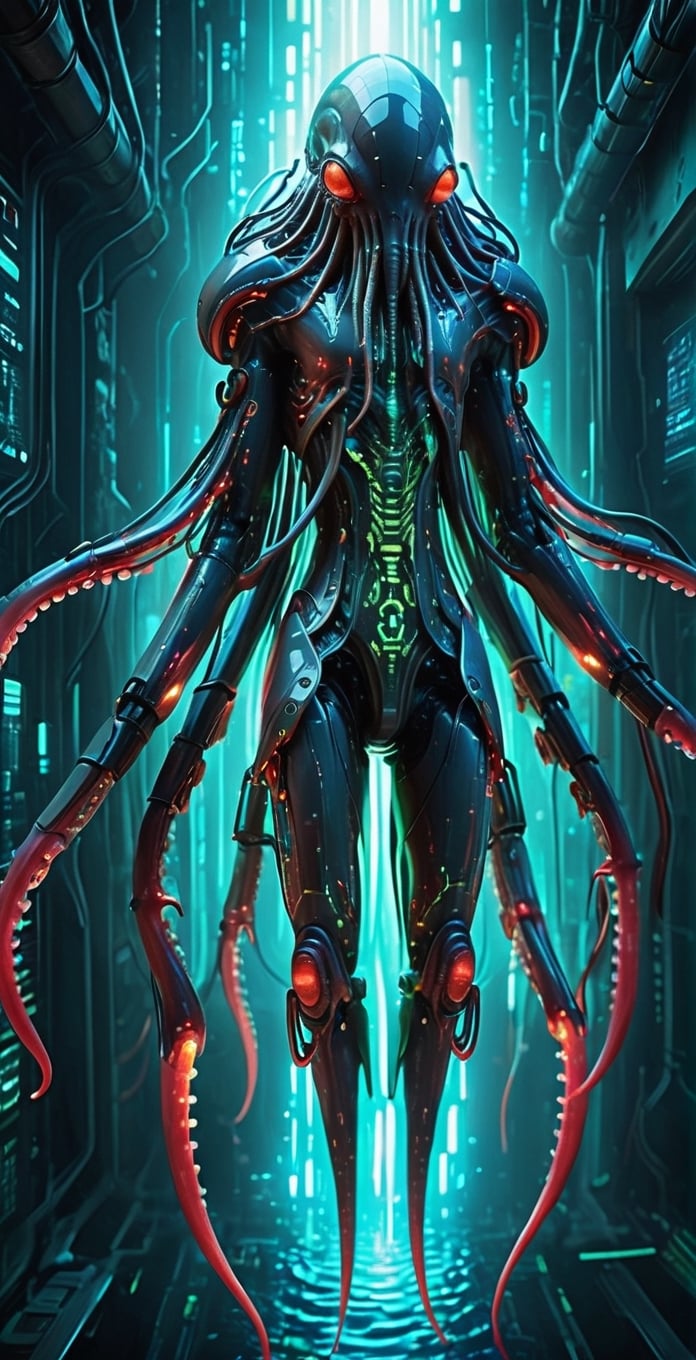 Cybernetic (giant squid),  a towering cephalopod enhanced with cybernetic implants and futuristic technology,  massive bod...