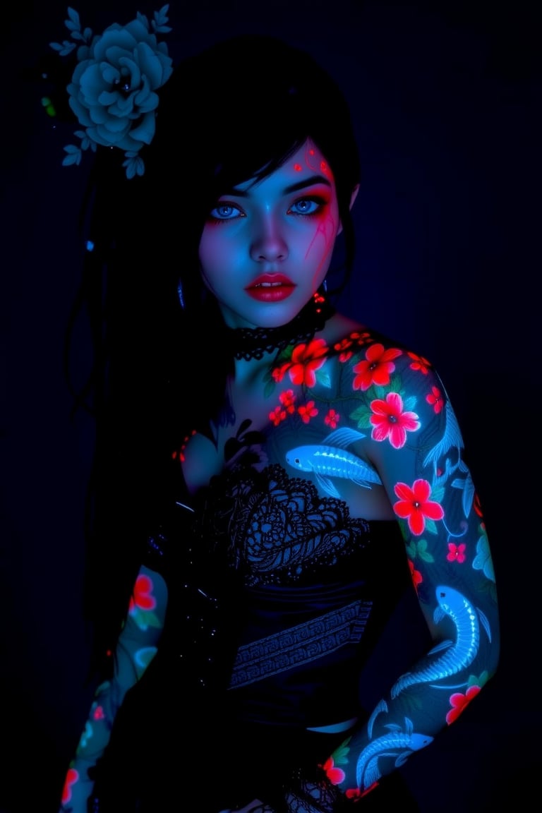 anime Style,1 girl, gothic emo girl, long black hair and piercing blue eyes, sickly white skin, nose piercing, she wears a black lace corset,Light Painting body tattoos,((luminous Japanese tattoos)), red cherry blossoms on her skin and blue koi fish intertwine across her body covered in glowing  tattoos with Japanese motifs,background highlighting the brightly glowing tattoos of neon blue and red backlighting, highly detailed,ct-identity,tron legacy style,glowingstyle,Midjourney_Whisper,TattooMale,lightPainting