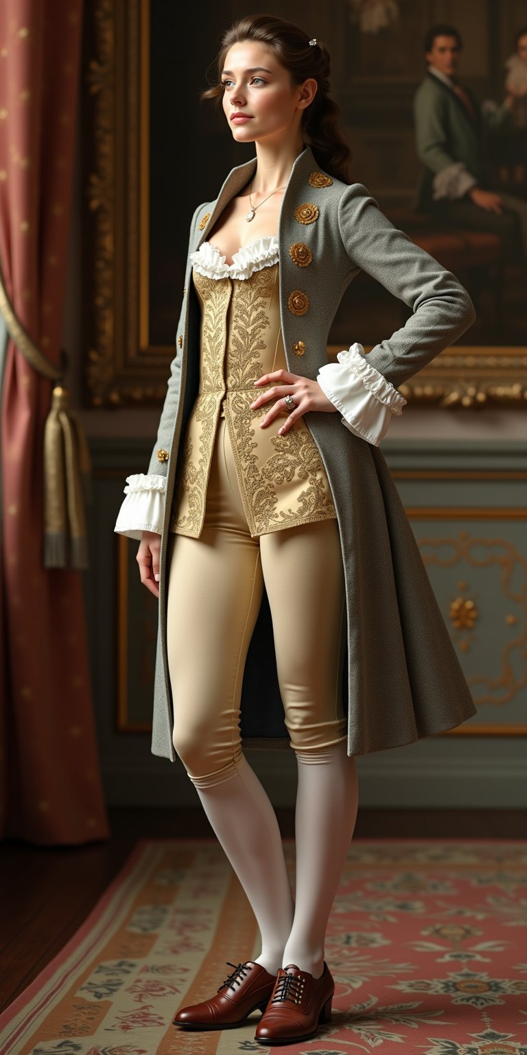 Elegant woman in 18th-century male attire,  wearing a luxurious habit à la française. Exquisite golden embroidery adorns t...