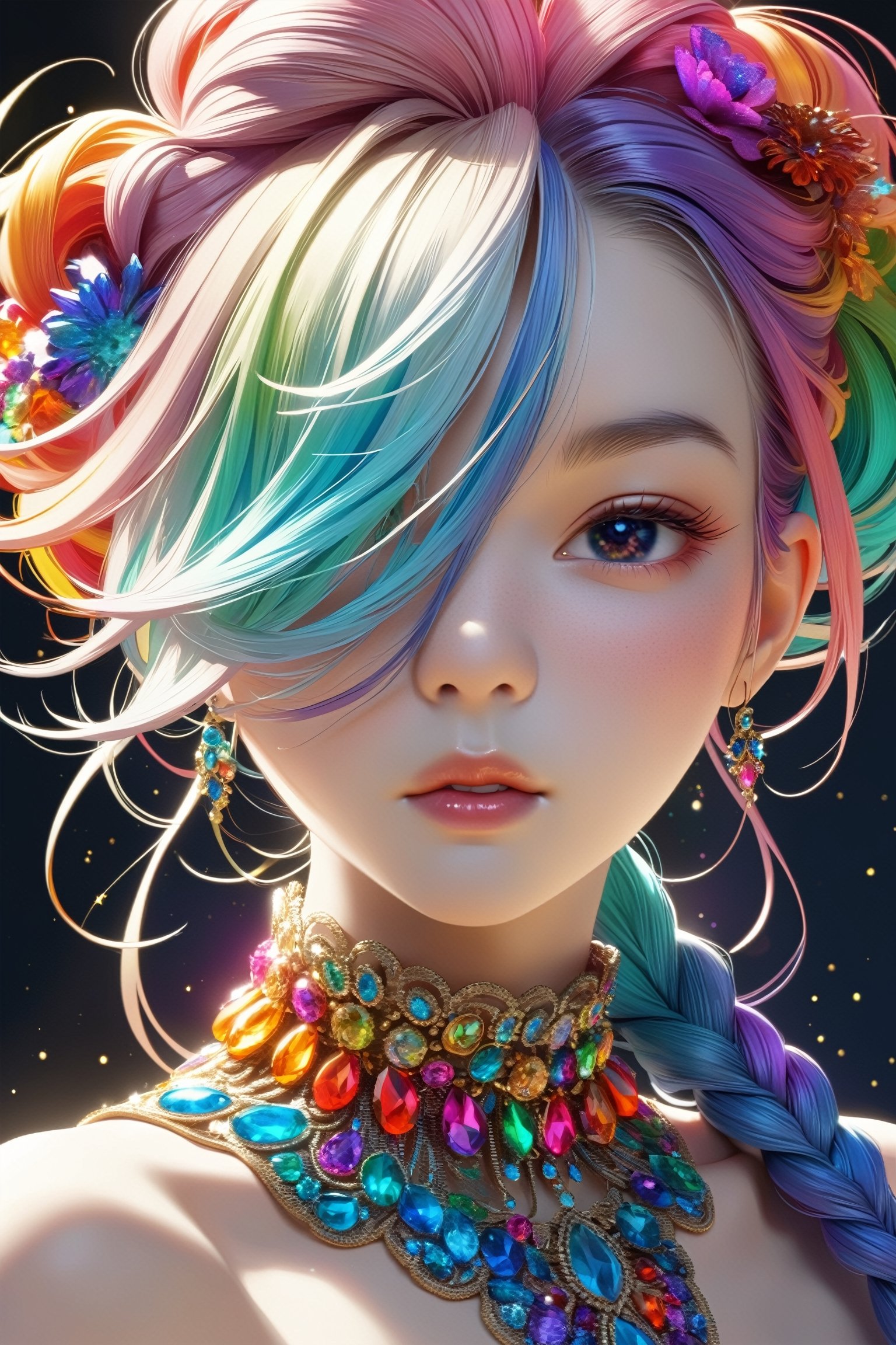 ultra Realistic,1 Girl,((hair over eyes:1.8)), with crazy alternate hairstyle, amazingly intricately hair,((colorful 7color hair)), each braid painstakingly created,decorated with delicate accessories and beads,,aesthetic,Rainbow haired girl ,elegg