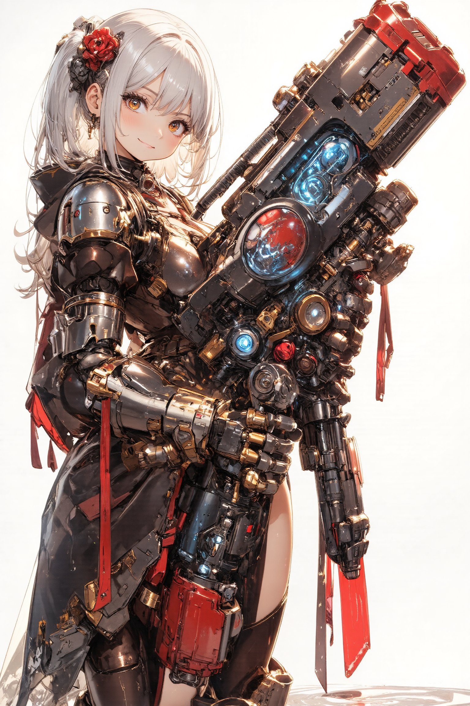 1girl,Anime-style illustration of a fierce young woman, wielding an enormous gatling gun, Character: dual-colored hair, (white and gold twintails), red flower accessories,Outfit: black and red dress with goth-inspired details, thigh-high boots. Expression: determined, slightly cocky smile,Pose: dynamic, holding massive weapon, body turned slightly,
Gatling gun: oversized, futuristic design. Black metal body with red accents and glowing parts. Multiple rotating barrels, complex mechanical details. Gun larger than the character herself,
Color scheme: primarily black and red with white accents,Style: highly detailed anime art, clean lines, emphasis on mechanical designs. Background: plain white, focus entirely on character and weapon.
Additional details: red ribbon-like elements flowing from dress and gun, intricate patterns on clothing and weapon, slight metallic sheen on gun parts. Overall impression: powerful, stylish fusion of traditional Asian aesthetics with futuristic weaponry.,Anime Style,fantasy girl,\mechako\, plasma gun