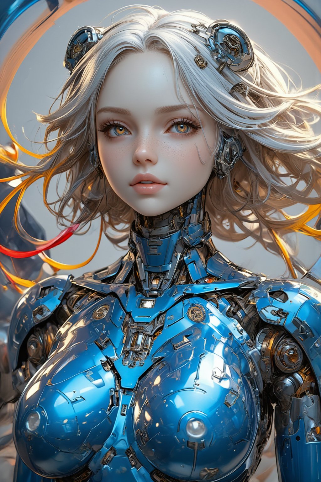 Female cyborg,full body figure,highly polished blue metallic body reflecting light like a mirror surface, Face crafted from pure white alabaster resembling a gothic porcelain doll with delicate features, Large luminous eyes with intricate mechanical iris patterns, Ornate gothic hair ornaments made of alabaster and silver filigree with small mechanical details, Long flowing synthetic hair styled in elegant victorian curls, Multiple vivid cables extending from neck area in bright red yellow and white creating a dramatic contrast against blue body, Cables have a glossy plastic finish and gentle curves like ribbon streamers,Body constructed of smooth curved panels with visible joint sections, Mirror-finish blue metal reflecting environment creating complex light patterns, Mechanical parts visible at joint areas with precise technical details, Graceful feminine proportions with elegant posture, Doll-like hands with visible mechanical articulation at fingers, Gothic-inspired design elements integrated into mechanical parts, Subtle LED lighting effects in eyes and joint areas, Expression serene and doll-like yet hints at artificial intelligence, Contrast between cold mechanical body and delicate porcelain features, Interior mechanical parts glimpsed through strategic transparent panels, Metallic surface transitions seamlessly to porcelain features at neck area,PorcelainDollPrincess,\mechako\