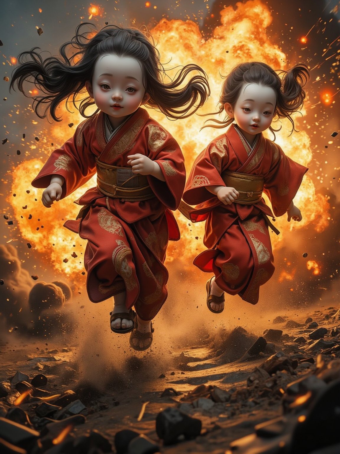 Two Ichimatsu dolls running towards camera with massive explosion behind them in action movie style. Dolls wearing flowing red kimonos with gold patterns, their black hair and kimono fabric dramatically streaming backward from explosion force. Front doll slightly ahead, leading the escape, while second doll follows close behind, both in dynamic running poses with arms trailing. Massive fireball explosion fills background with intense orange and yellow flames, black smoke clouds, and flying debris. Heat distortion effect visible in air. Dolls' pale porcelain faces show blank expressions while caught in dramatic moment. Low angle shot creating heroic perspective. Motion blur effects on dolls' movement contrasting with sharp detail of their faces. Flames reflect off dolls' white porcelain skin and glossy hair. High detail on kimono fabric movement and explosion particles. Professional action movie photography style with dramatic lighting from explosion. Heavy contrast between cold porcelain dolls and warm explosion colors. Flying sparks and debris frame the scene.