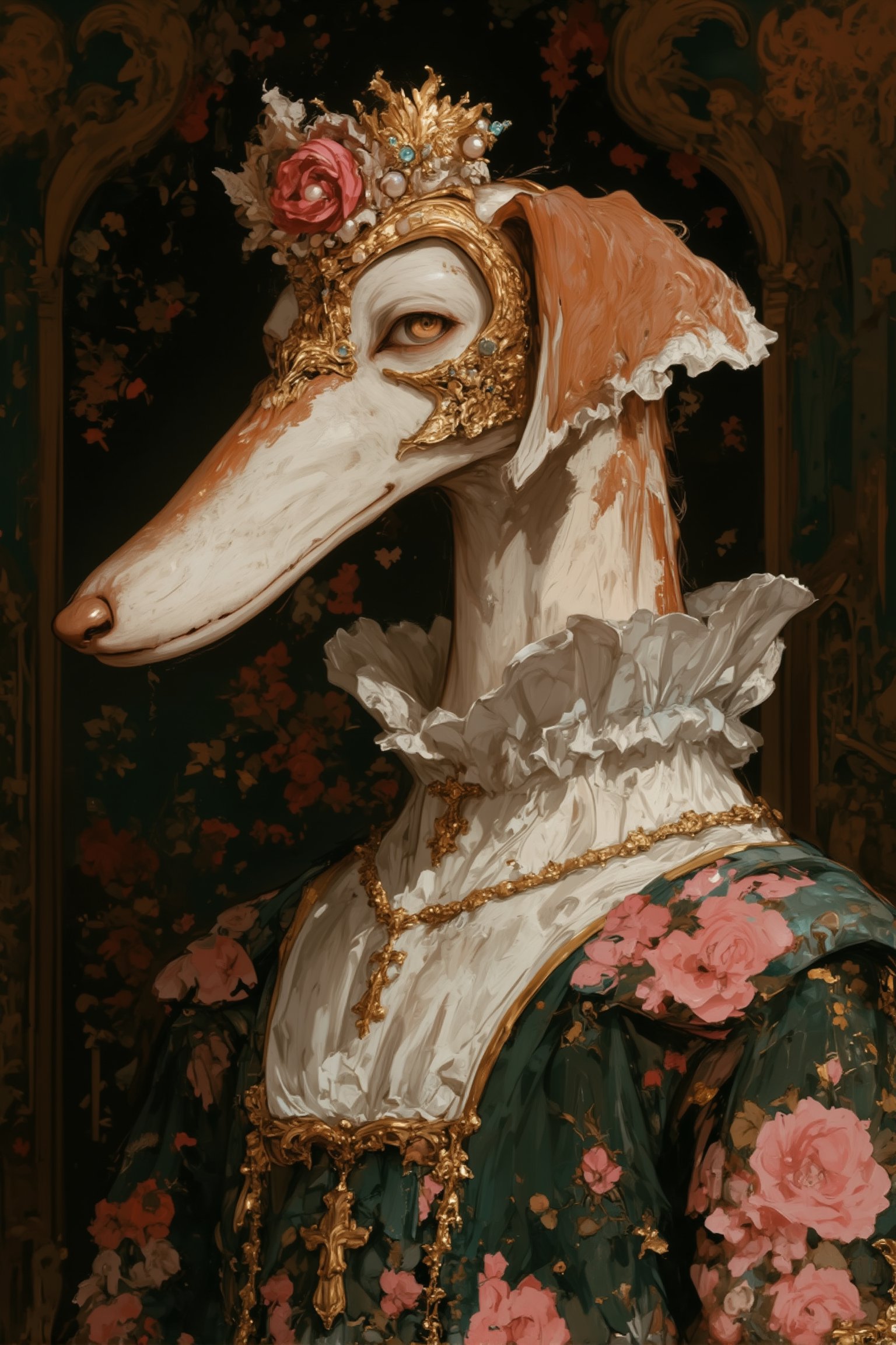 (stately Borzoi dog), Gothic Renaissance-style outfit, against an ornate floral background, cream-colored fur with golden highlights. Almond-shaped eyes, gentle expression. A golden mask covers the right eye and fits over the long snout. An ornate crown adorned with pearls and jewels. A pink rose centerpiece on top of the head, A white ruffled Elizabethan collar accentuates the neck, a pearl necklace and a golden pendant, A pink and green Renaissance-style gown with lace and gold embroidery, against a dark floral background in green and pink hues. Soft lighting highlights the dog's features and jewelry, creating a luxurious and whimsical mood that blends Borzoi dog elegance with historical fashion,The dog's unique long snout are highlighted as the focal point, covered in fur.,furry