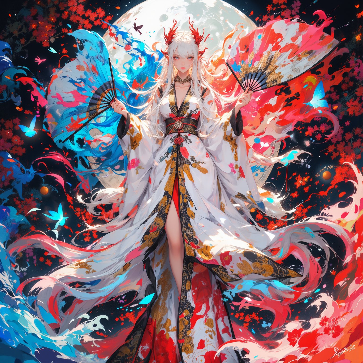 Ethereal anime-style woman in ornate kimono, 8k resolution, digital art. Long flowing white hair, red oni horns. Kimono primarily white with red accents, intricate golden patterns. Revealing neckline, obi with checkered pattern. Holding massive decorative fans, one with blue water motif, one with red fire design. Dramatic pose, kimono billowing. Surrounded by stylized fire and water elements. Butterflies in shades of blue and pink. Background featuring large sun and moon imagery. Cherry blossoms and oranges on branches. Contrasting color palette of warm reds and cool blues. Delicate linework and soft shading. Hyper-detailed fabric textures and patterns. Glowing effects around magical elements. Inspired by traditional Japanese art and modern anime aesthetics. Dreamy, fantastical atmosphere. Sharp focus on character, slight blur on background elements.,Manga  Yakuza Kamui X Georgia O'Keeffe,dal