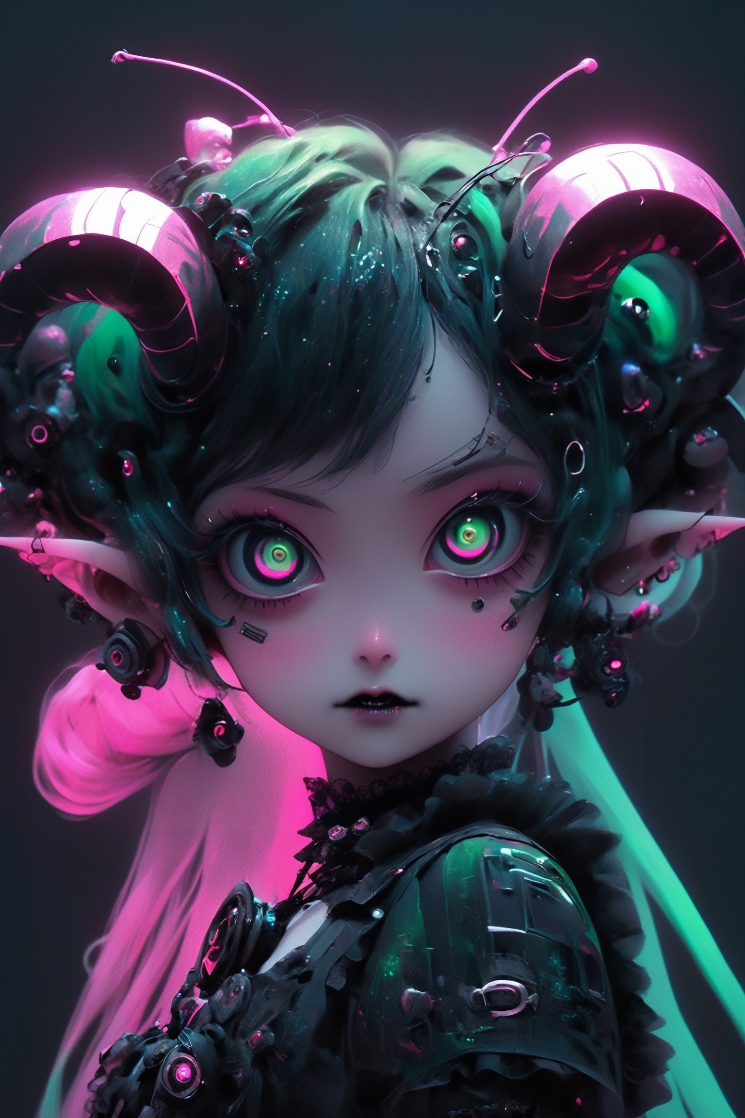 kawaii robotic cyberpunk Lolita girl, with led plastic horns, view from below,Depth and Dimension in the green Pupils, gracefully crystalline cheeks, her attire adorned with intricate pink lace and dark, ethereal fabrics,elegantly complement her elaborate hairstyle, creating a mystical and captivating presence,eyes reminiscent of acyberpunks's gaze, exude an otherworldly charm, adding a touch of fantasy to the Gothic Lolita aesthetic,The fusion of traditional Lolita elements with cyberpunk-inspired details results in a unique and enchanting character,cyber-themed,goth person,lolita_fashion,echmrdrgn, (cyberpunk colors, grunge but extremely beautiful:1.4), dark futuristic background,DonMCyb3rN3cr0XL 