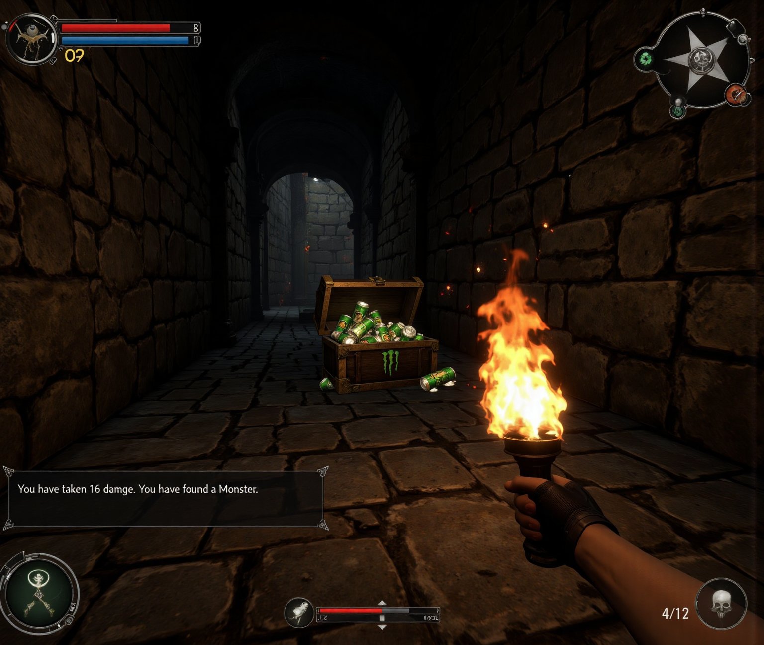 Renaissance-style oil painting,First-person POV of a dark fantasy FPS game interface. Player's hands visible, holding a burning torch in right hand, casting flickering orange light. Left hand empty, partially visible at screen edge. Stone dungeon corridor ahead, arched ceiling, Cobwebs in corners. At the end of the corridor, an open wooden treasure chest, glowing with soft light. Chest filled with cans of MONSTER energy drink, their green logo clearly visible,Some cans spilling out onto the floor. UI elements: health bar, mini-map, and inventory slots along screen edges. Torch light creating dynamic shadows. Hyper-realistic graphics with detailed textures on stone walls and floor. Atmosphere is a mix of medieval fantasy and modern anomaly. Depth of field effect blurring distant elements slightly.,Medievalx,first person pov,
A translucent text box located at the bottom right of the screen, text written in white text inside the text box: "You have taken 16 damage. You have found a Monster.",textbox