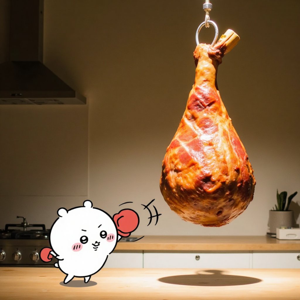 anime style scene,  tiny chiikawa character in boxing stance punching at large hanging ham,  dynamic action pose with impa...