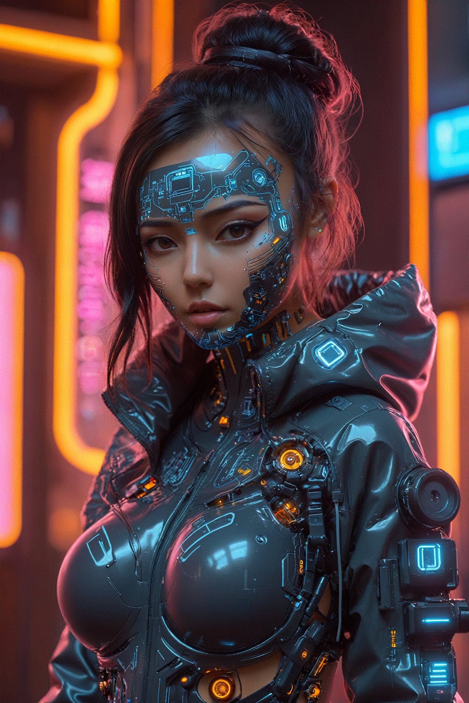  girl, Detailed body painting beautiful neon operator tanned woman, cyberpunk futuristic neon, reflective puffy coat, decorated with traditional japanese ornaments, perfect face, fine details,neon,circuitboard,zavy-cbrpnk,faceplate