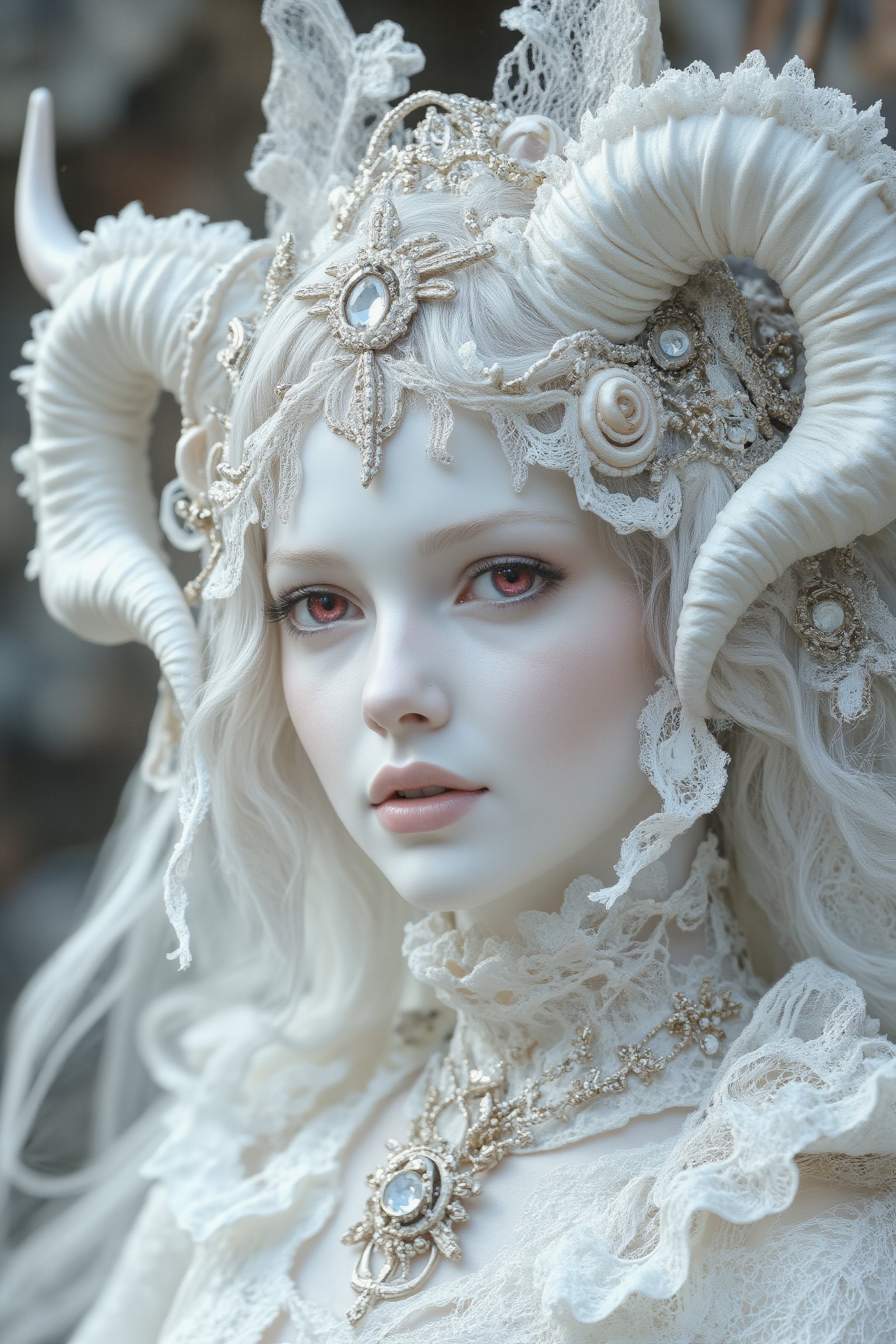 strong White Light,
(long intricate horns:1.2) ,albino demon girl with enchantingly beautiful, alabaster skin, A benevolent smile,girl has Beautiful red eyes,soft expression,Depth and Dimension in the Pupils, white eyelashes, Her porcelain-like white skin reflects an almost celestial glow, highlighting her ethereal nature,Every detail of her divine lace costume is meticulously crafted, adorned with jewels that sparkle with a divine radiance, Capture the subtle intricacies of the lacework, emphasizing the delicate patterns that complement her unearthly features. From the curve of her horns to the flowing elegance of her dress, every aspect contributes to an aura of supernatural allure. The jewels, carefully placed, create a mesmerizing dance of light that enhances her divine presence, Consider the composition to portray her in a setting that complements her celestial beauty, whether it's a moonlit garden or a mystical realm, Illuminate the scene with soft, enchanting light to accentuate the magical and mysterious atmosphere,The overall goal is to evoke a sense of wonder and captivation, celebrating the unique and transcendent beauty of this albino demon gir,watercolor \(medium\),PorcelainDollPrincess