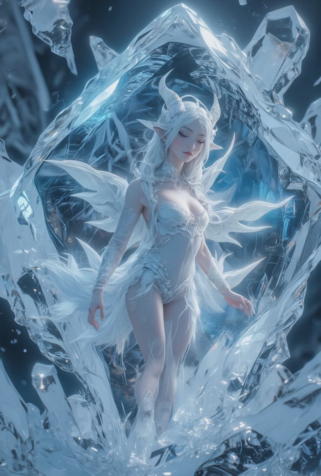 1girl,realistic anime,Ethereal albino succubus suspended in a massive, crystalline ice pillar. Porcelain-white skin with a subtle, pearlescent sheen. Long, flowing silver-white hair floating gracefully around her. Delicate facial features, eyes gently closed in peaceful slumber. Curved horns and pointed ears adorned with intricate frost patterns. Translucent, gossamer wings folded against her back, iridescent and shimmering within the ice. Wearing a revealing, frosted lace bodysuit that blends with the icy surroundings. Slender figure in a serene, floating pose. Swirling tendrils of mist frozen in time around her form. Tiny ice crystals suspended in the pillar, refracting light to create a halo effect. Cracks and fissures in the ice, suggesting immense age and pressure. Soft, diffused blue light emanating from within the ice, accentuating her otherworldly beauty. Hyper-detailed textures of skin, hair, and ice formations. 8K resolution, fantasy art style with photorealistic elements. Dramatic composition emphasizing the contrast between the succubus's allure and her frozen prison.,Frozen,concept_art,dal,Frozen in time