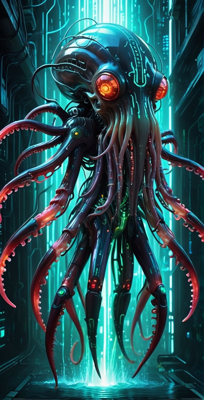 Cybernetic giant squid,  a towering cephalopod enhanced with cybernetic implants and futuristic technology,  massive body...