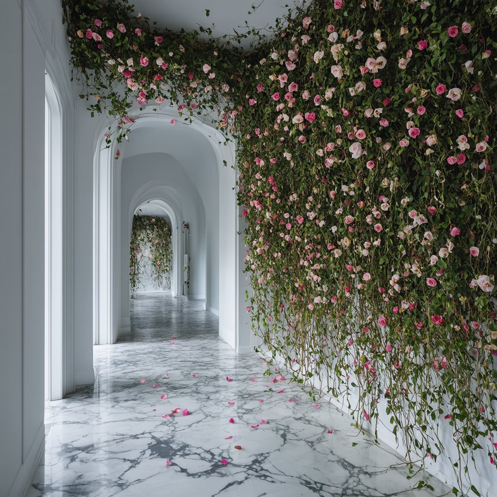 "Ethereal liminal space adorned with abundant flowers. Endless white corridor with soft,  diffused lighting. Walls and cei...