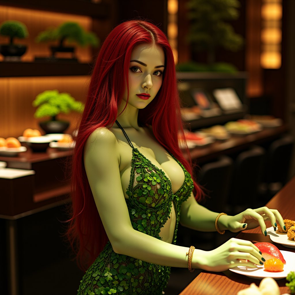  Beautiful woman resembling Poison Ivy behind high-end sushi counter. Wearing revealing dress made of living plants, vines, and leaves. Long, flowing red hair with green highlights. Pale green skin. Making sushi with graceful, sensual movements. Provocative gaze directly at viewer. Sushi ingredients spread before her. Background: luxurious Japanese restaurant, dim warm lighting. Bonsai trees, ikebana arrangements visible. Ivy tendrils creeping along countertop. Hands delicately forming nigiri. Photorealistic style with fantasy elements. Sharp focus on Ivy, slight blur on background. Color palette: rich greens, wood tones, pops of red and white. Soft, warm lighting emphasizing curves and creating mysterious atmosphere,((SFW))