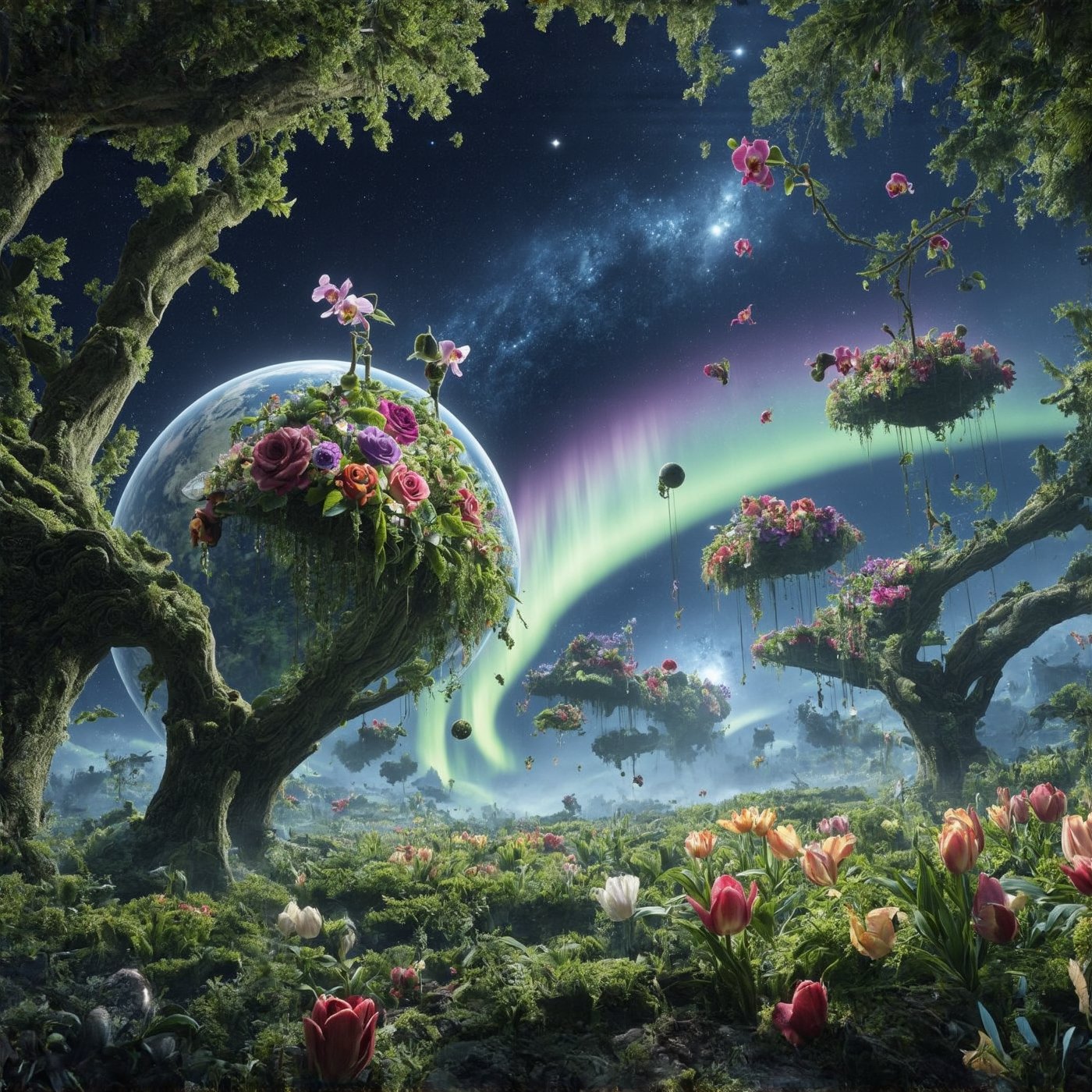 A lush planet teeming with vibrant flora. Countless flowers in full bloom cover its surface - roses, tulips, orchids, and alien blossoms in iridescent colors. Towering trees with bioluminescent leaves reach towards the sky. Orbiting the planet, a massive glass terrarium floats in space. Its geodesic structure reflects starlight. Inside, a miniature ecosystem thrives with rare plants and tiny creatures. Tendrils of mist swirl within. The planet's atmosphere shimmers with pollen and spores. Floating islands covered in hanging gardens drift by. A rainbow aurora dances in the background,hyperrealistic