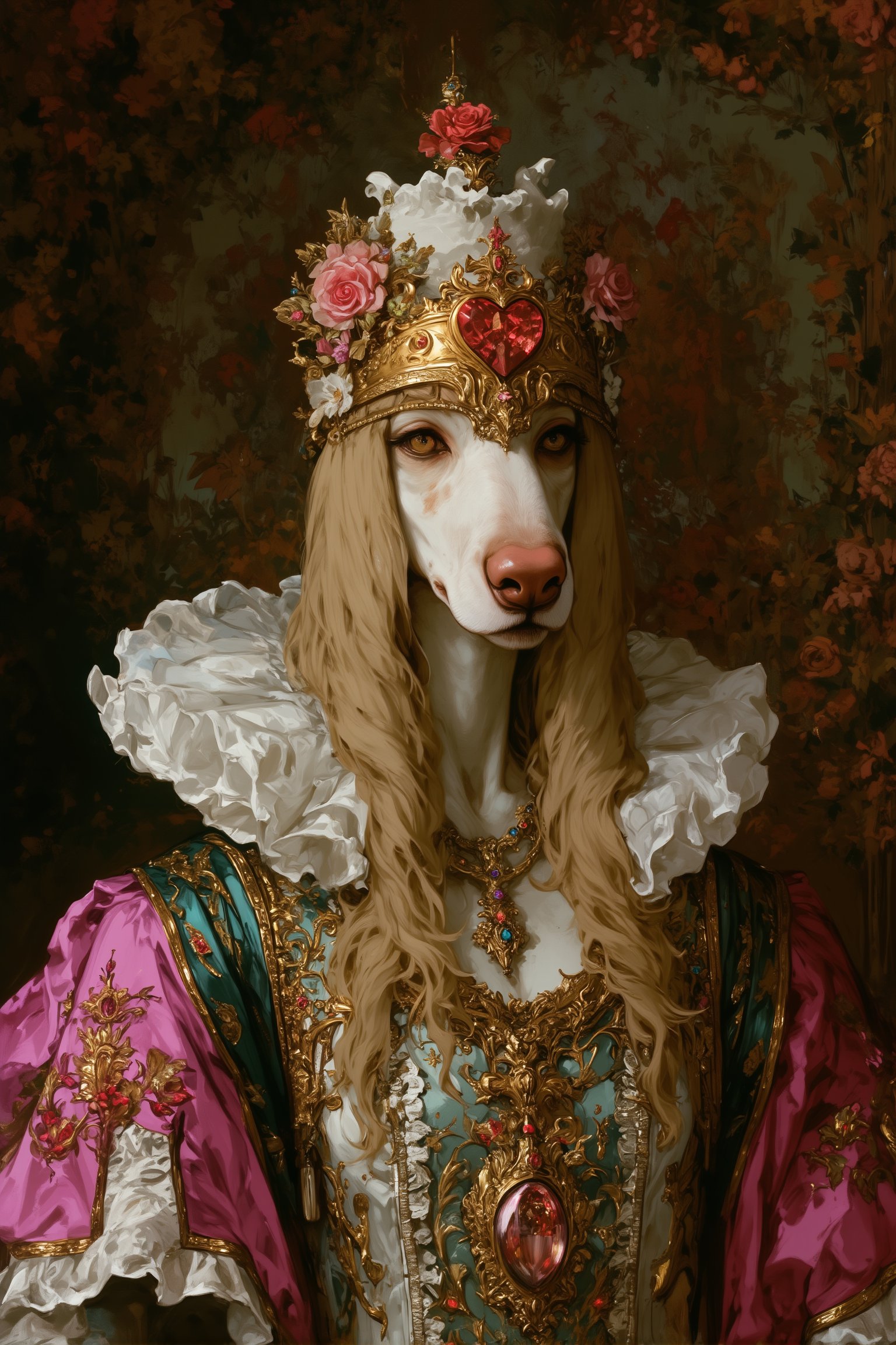 (stately Borzoi dog), Gothic Renaissance-style outfit, against an ornate floral background, cream-colored fur with golden highlights. Almond-shaped eyes, gentle expression. A golden mask covers the right eye and fits over the long snout. An ornate crown adorned with pearls and jewels. A pink rose centerpiece on top of the head, A white ruffled Elizabethan collar accentuates the neck, a pearl necklace and a golden pendant, A pink and green Renaissance-style gown with lace and gold embroidery, against a dark floral background in green and pink hues. Soft lighting highlights the dog's features and jewelry, creating a luxurious and whimsical mood that blends Borzoi dog elegance with historical fashion,The dog's unique head shape and long snout are highlighted as the focal point, covered in fur.,furry