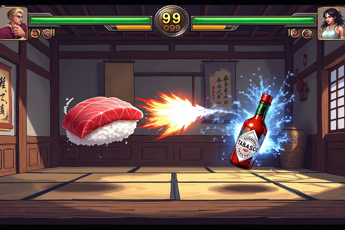 A pixel art style fighting game screen layout, dramatic battle scene. Left side: a photorealistic tuna nigiri sushi (fresh pink tuna slice over white rice, with slight wasabi visible) in fighting stance, floating above ground. Right side: a classic Tabasco hot sauce bottle, red cap and label clearly visible. Both combatants locked in intense battle. HUD elements: green health bars at top screen, yellow super meter bars below, digital timer showing "99" in center. Tabasco bottle shooting streams of red hot sauce with pixel art heat effects, fire particles, and motion blur. Tuna nigiri performing a counter-attack, surrounded by blue energy aura, small rice grains floating around it dynamically. Set in traditional Japanese room: detailed tatami mats, elegant shoji screens, wooden ceiling beams, soft paper lantern lighting. Visual effects: heat waves around Tabasco's attack, droplets of soy sauce splashing, dynamic lighting on rice surface, steam effects. Clean pixel art style similar to Street Fighter 3, maintaining realistic food textures. Background elements: decorative scroll in tokonoma alcove, tea ceremony tools on side. Dramatic camera angle with dynamic shadows, high contrast lighting highlighting,fighting game UI PC VERSION "VS" fight