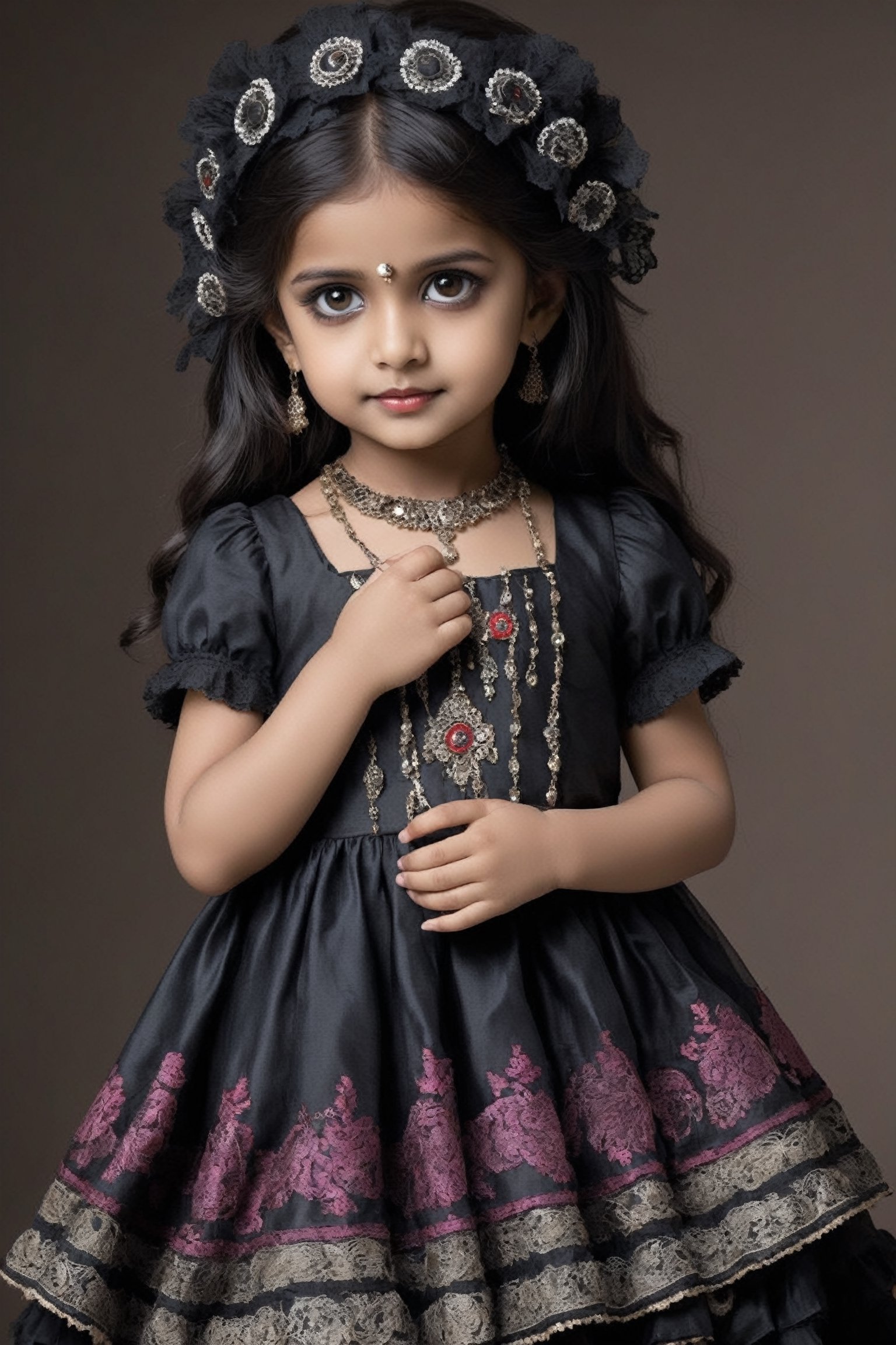 1 Little girl,  Gothic Lolita-inspired Indian ethnic attire,  combines the elegance of Victorian fashion with the vibrancy...