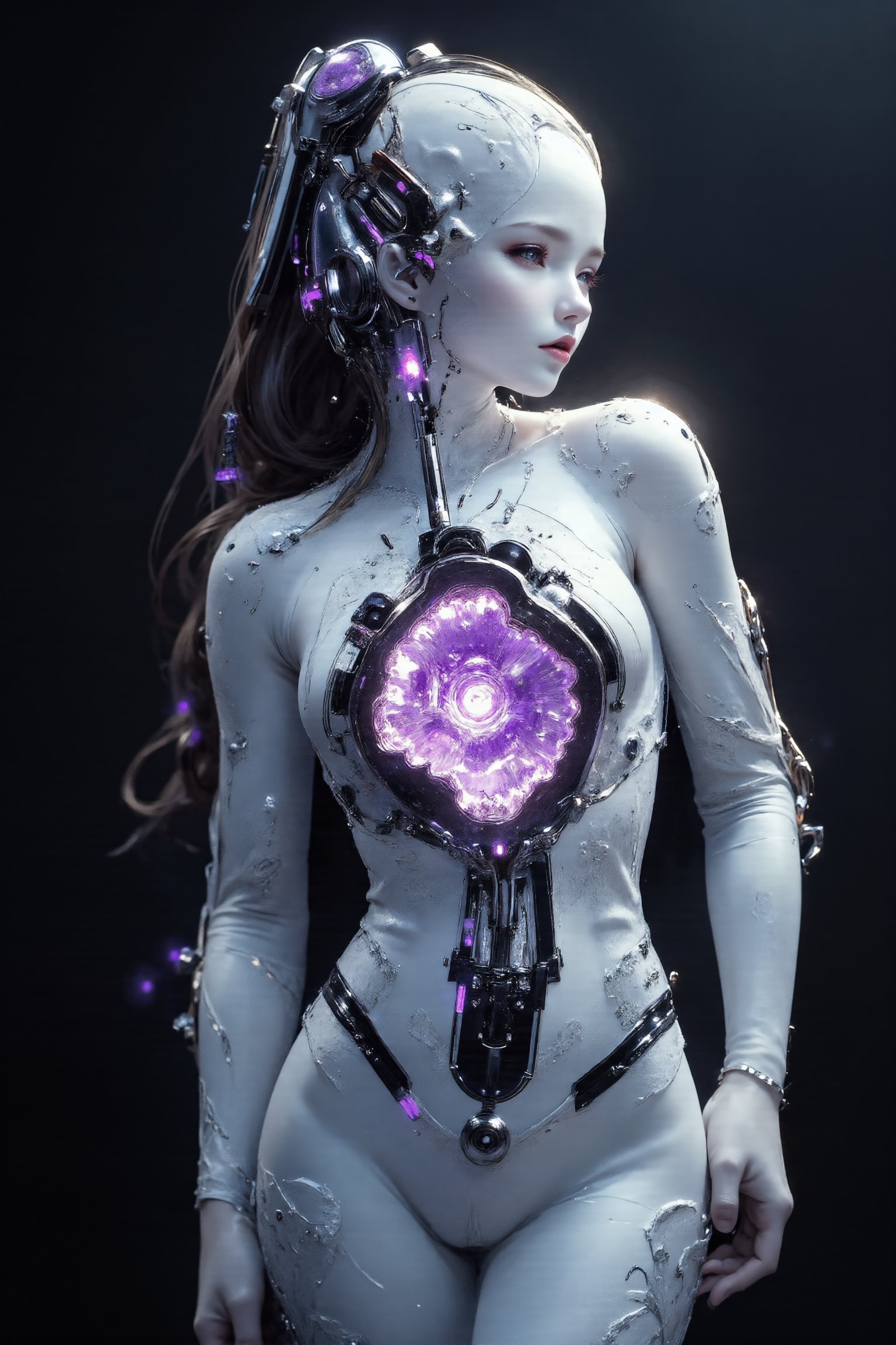 A A mesmerizing female cyborg sculpted from lustrous white porcelain, posed gracefully against a dark background. Her sleek body resembles fine bone china, with subtle joint lines hinting at her mechanical nature. The cyborg's face is a perfect mirror surface, mysterious and otherworldly, reflecting and distorting light.

The centerpiece is her abdomen: a large, natural amethyst geode carefully integrated into her porcelain form. This geode cavity showcases a breathtaking display of deep purple amethyst crystals. The crystals range from dark, intense purple at the center to lighter, more translucent shades near the edges. The crystalline structure creates a mesmerizing depth effect, with countless facets catching and refracting light,SFW

Delicate, circuit-like patterns etched into her white porcelain limbs occasionally illuminate with a soft purple glow, echoing the amethyst's color. Her hands and feet feature visible ball joints, merging artificial design with natural crystal aesthetics.

Dramatic lighting emphasizes the porcelain's sheen and the captivating sparkle of the amethyst crystals within the geode.

Photorealistic render, high detail, dramatic lighting, blend of futuristic and natural elements..,Fantasy Regal Artgem,PorcelainDollPrincess,1girl,#fractal