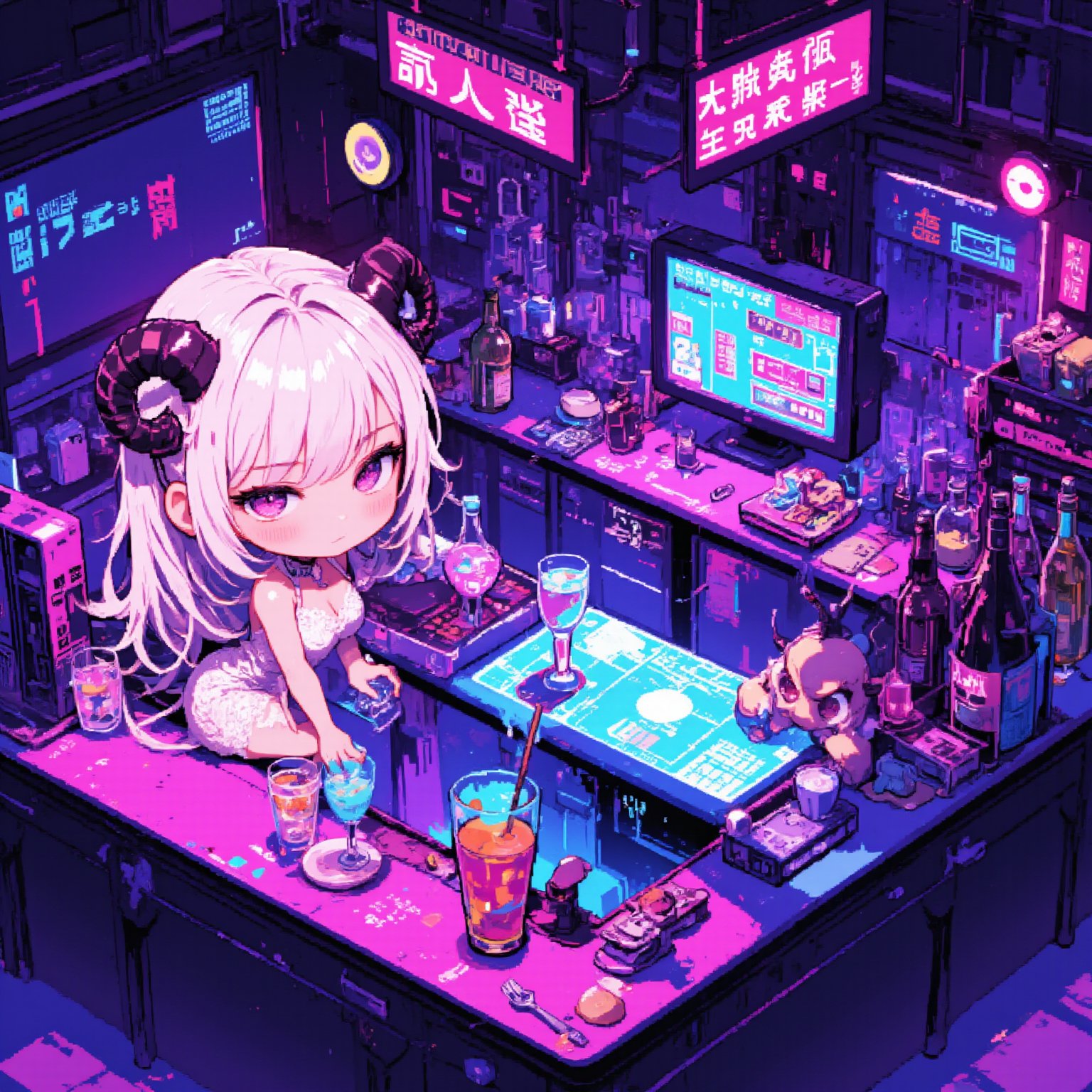 pixel art,1girl,solo,chibi Albino Demon girl,
She wears a beautiful white lace bodysuit, goat horns,
cyberpunk bar setting, isometric view, limited color palette, 16-bit era aesthetic, futuristic bar interior, bar table, glasses and alcohol, holographic monitor, neon lighting, old vs new elements, retro-futuristic atmosphere, detailed pixel shading, miniature scene atmosphere, soft vignette edges, cyberpunk color scheme with pastel accents, intricate pixel pattern on dress, glowing technology effect, pixelated lens flare, low-res charm, nostalgic game style, small animation details,lyh,anime,Pixel Art,ZanyEyesStyle