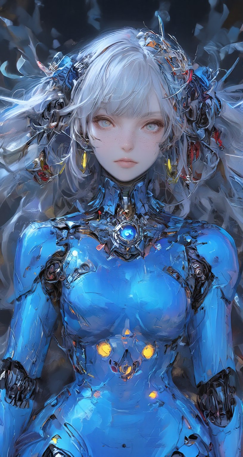 Female cyborg,full body figure,highly polished blue metallic body reflecting light like a mirror surface, Face crafted from pure white alabaster resembling a gothic porcelain doll with delicate features, Large luminous eyes with intricate mechanical iris patterns, Ornate gothic hair ornaments made of alabaster and silver filigree with small mechanical details, Long flowing synthetic hair styled in elegant victorian curls, Multiple vivid cables extending from neck area in bright red yellow and white creating a dramatic contrast against blue body, Cables have a glossy plastic finish and gentle curves like ribbon streamers,Body constructed of smooth curved panels with visible joint sections, Mirror-finish blue metal reflecting environment creating complex light patterns, Mechanical parts visible at joint areas with precise technical details, Graceful feminine proportions with elegant posture, Doll-like hands with visible mechanical articulation at fingers, Gothic-inspired design elements integrated into mechanical parts, Subtle LED lighting effects in eyes and joint areas, Expression serene and doll-like yet hints at artificial intelligence, Contrast between cold mechanical body and delicate porcelain features, Interior mechanical parts glimpsed through strategic transparent panels, Metallic surface transitions seamlessly to porcelain features at neck area,PorcelainDollPrincess,\mechako\