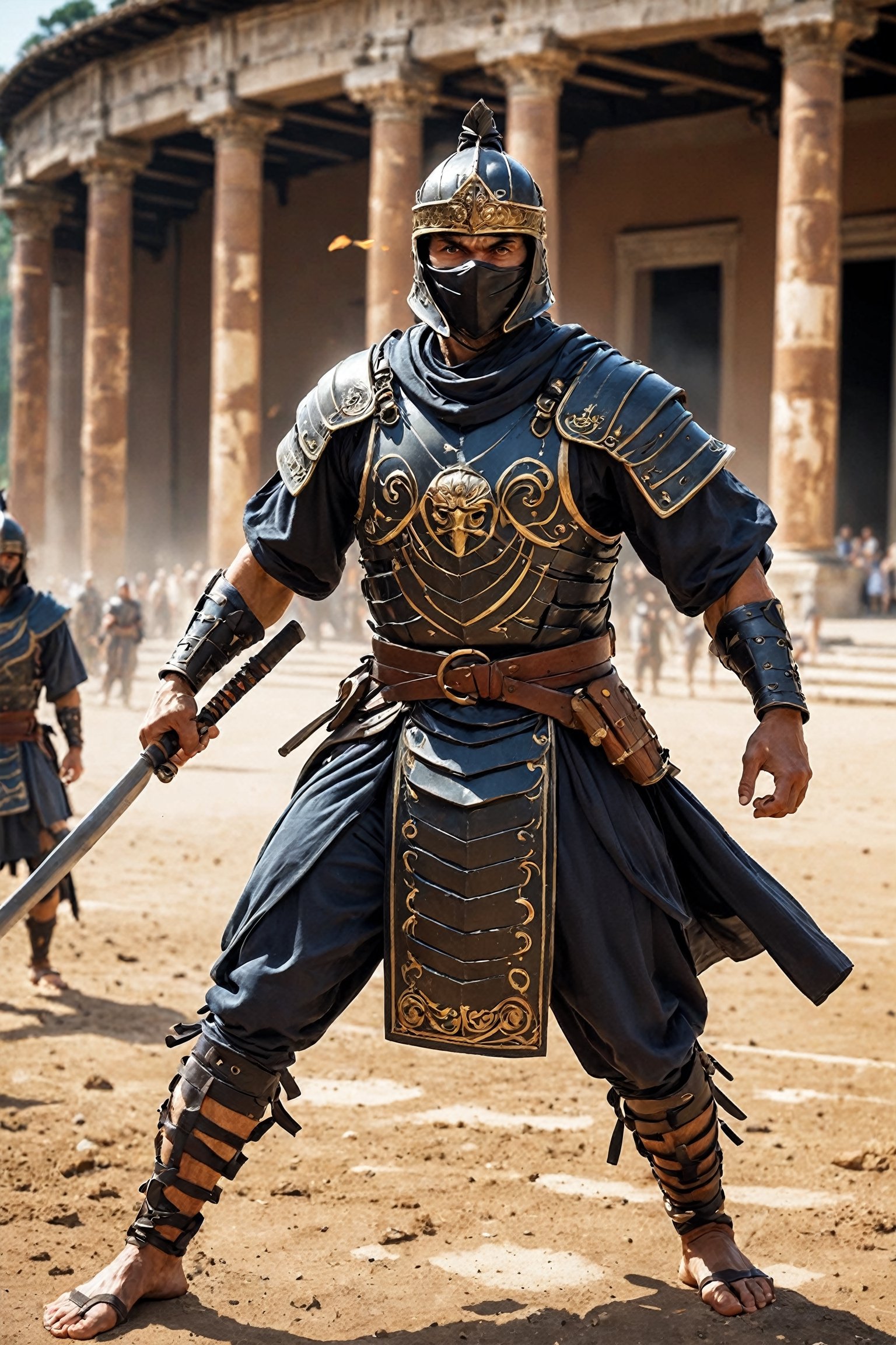 1man, arena of ancient Rome, where the Ninja Gladiator reigns supreme. Clad in stealthy attire and armed with Roman weaponry enhanced by ninja gadgets, this enigmatic warrior combines the agility of a ninja with the prowess of a gladiator. His swift movements and elusive techniques bewilder opponents, ,bl1ndm5k