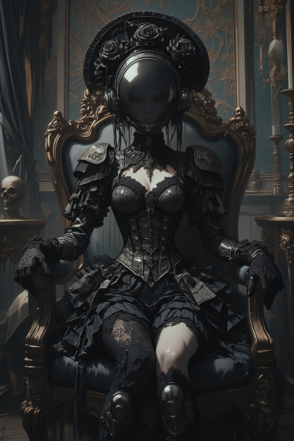 Gothic Lolita-styled space suit, seated in ornate chair. Opulent Victorian room with gothic motifs. Space suit redesigned with frilly black lace, bows, and corset-like details. Helmet shaped like oversized bonnet, adorned with roses. Through slightly tinted visor, faint glimpse of young woman's face with gothic makeup: pale skin, dark lips, dramatic eye shadow. Suit's chestplate resembles bodice, decorated with intricate patterns. Voluminous skirt over leg portion of suit. Gloves feature delicate lace cuffs. Room has dark velvet wallpaper, candelabras, and skull motifs. Antique furniture, heavy curtains. Moody lighting emphasizes suit's metallic and fabric textures. Surreal blend of sci-fi and gothic lolita aesthetics. Atmospheric, slightly eerie ambiance.,Gothic Themez