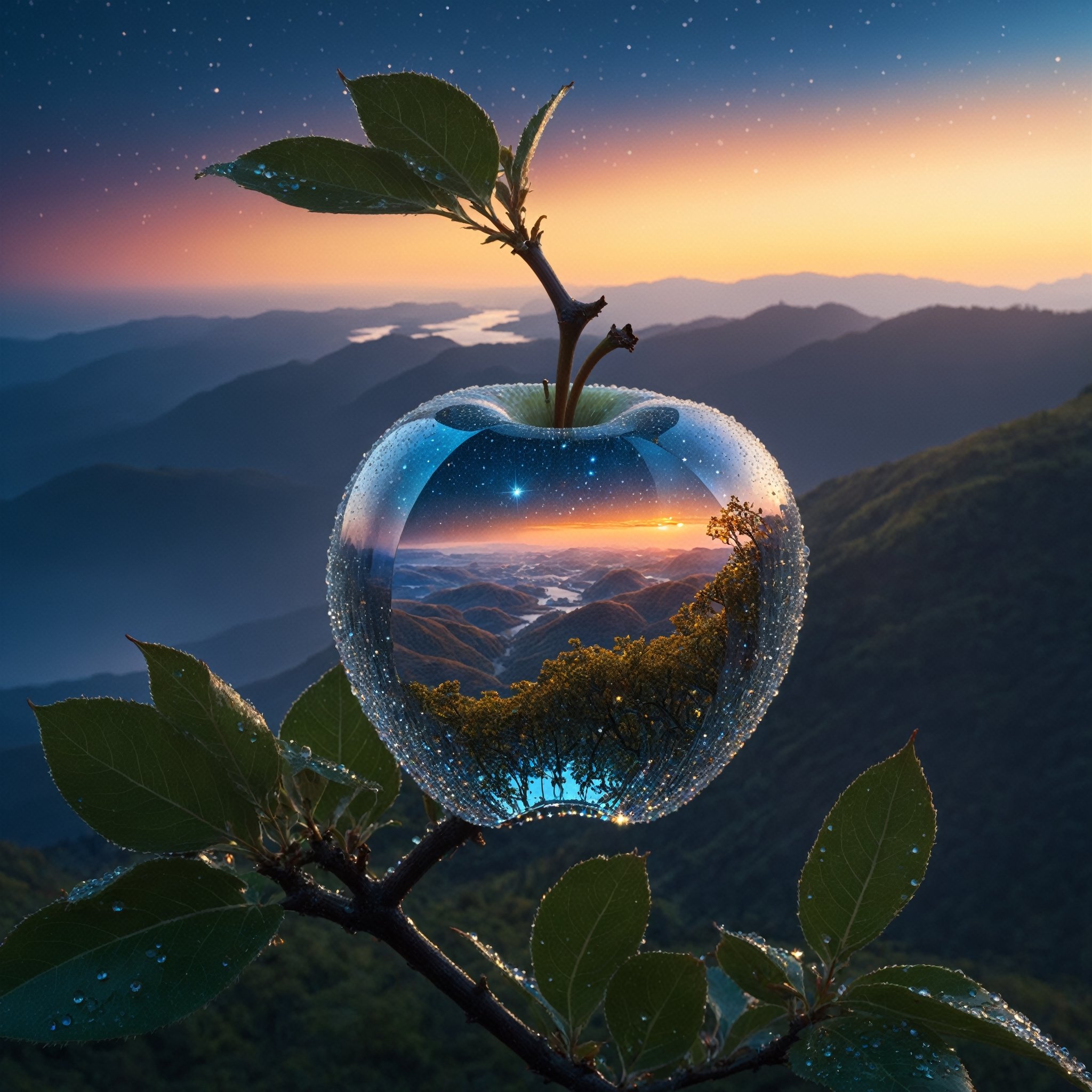 ((a delicate big apple) ), made of diamond hung on branch in a beautiful dawn, in the background beautiful valleys, (Dew drops) , divine iridescent glowing, opalescent textures, volumetric light, ethereal, sparkling, light inside body, bioluminescence, studio photo, highly detailed, sharp focus, photorealism, 8k, best quality, ultra detail:1. 5, hyper detail, hdr, hyper detail, ((universe of stars inside the apple) )