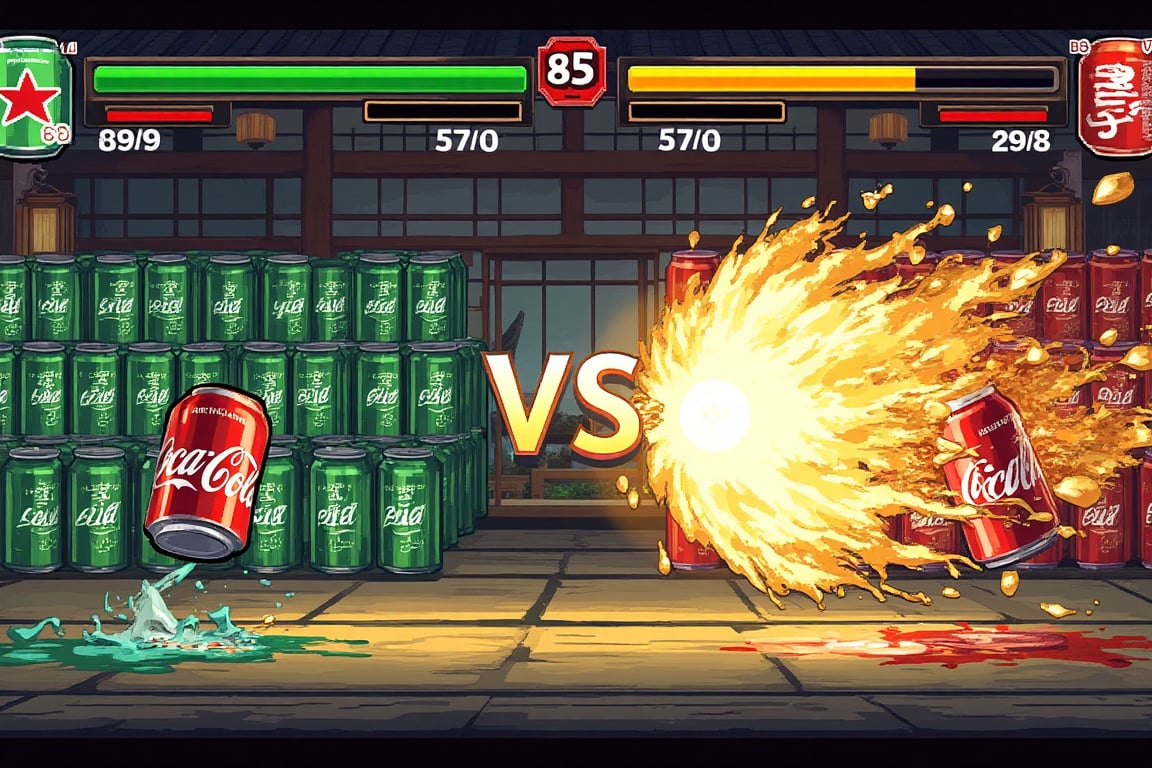 Pixel art style fighting game screen layout, spectacular fighting scenes, Left: legions of Heineken beer cans, metallic green aluminum cans with the iconic red star logo, Right: a lone classic Coca-Cola can in a defensive position, a red aluminum can with a clearly visible white wave design, HUD elements: green health bar on the top screen, yellow super meter bar, timer in the middle showing "85". Dynamic special attack scene: a Heineken can unleashes a huge wave of golden beer spray with foam effects, bubbles and light refraction, Set in a traditional Japanese room: tatami mats, shoji screens, wooden beams, lanterns, detailed liquid and metal textures. The cans clearly show the logos and designs of both brands. Environmental interaction: puddles of beer and cola on tatami mats, floating water droplets and foam effects. Multiple layers of cans create depth in the fighting scenes. ,Fighting Game UI PC Version "VS" Fight,fighting game UI PC VERSION "VS" fight