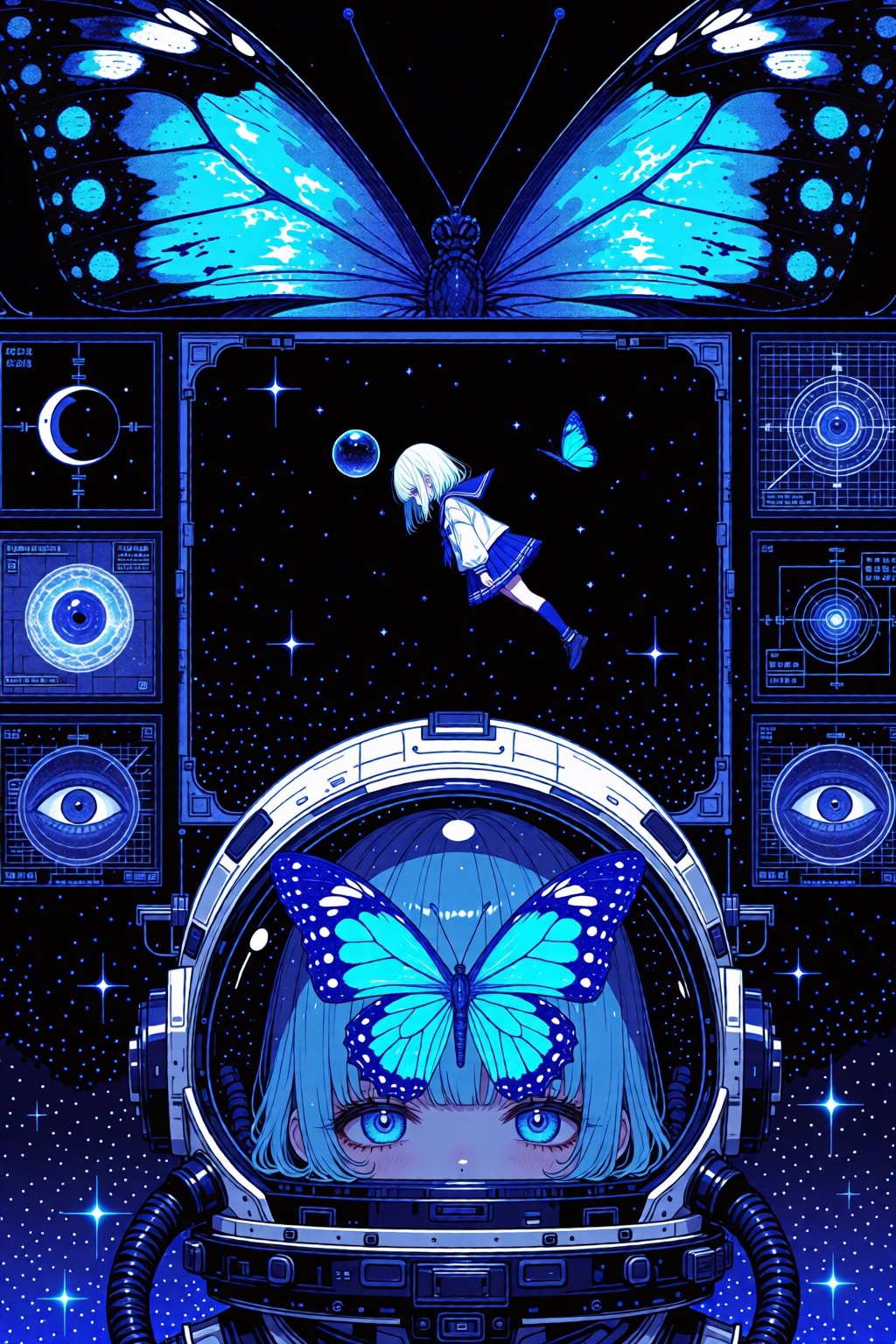 highly detailed and surreal anime illustration with a dark,  cosmic,  and introspective theme. The dominant color palette...