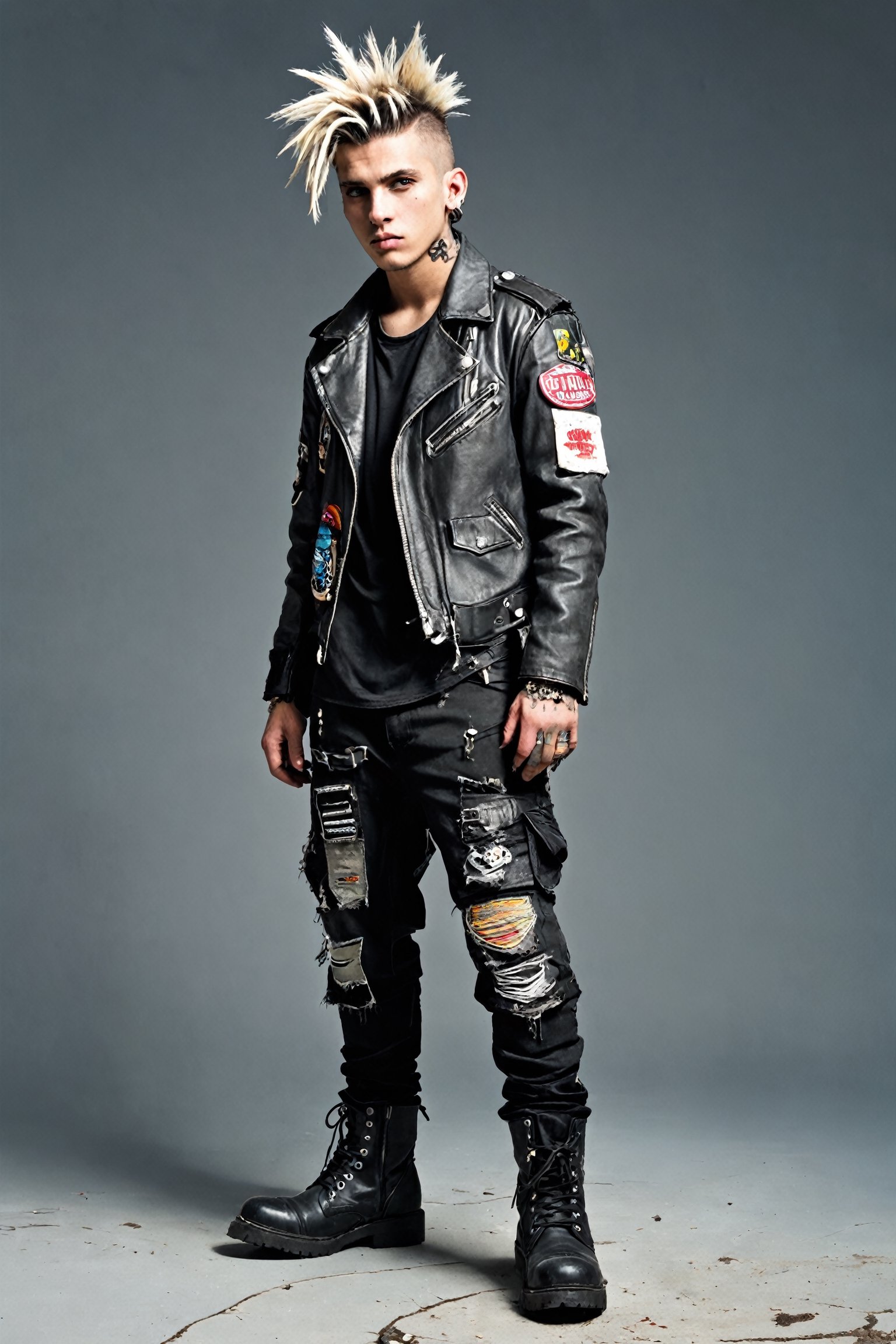 1 man,  Badass guy,  Dressed in a rebellious fusion of avant-garde punk fashiontorn mesh detailing by maehara on Tensor.Art
