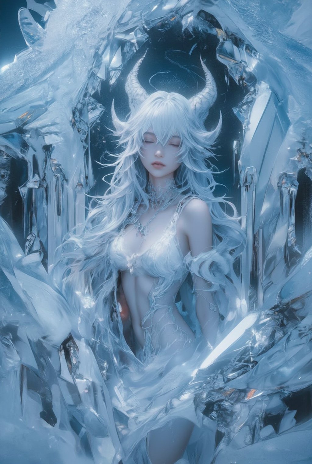 1girl,realistic anime,Ethereal albino succubus suspended in a massive, crystalline ice pillar. Porcelain-white skin with a subtle, pearlescent sheen. Long, flowing silver-white hair floating gracefully around her. Delicate facial features, eyes gently closed in peaceful slumber. Curved horns and pointed ears adorned with intricate frost patterns. Translucent, gossamer wings folded against her back, iridescent and shimmering within the ice. Wearing a revealing, frosted lace bodysuit that blends with the icy surroundings. Slender figure in a serene, floating pose. Swirling tendrils of mist frozen in time around her form. Tiny ice crystals suspended in the pillar, refracting light to create a halo effect. Cracks and fissures in the ice, suggesting immense age and pressure. Soft, diffused blue light emanating from within the ice, accentuating her otherworldly beauty. Hyper-detailed textures of skin, hair, and ice formations. 8K resolution, fantasy art style with photorealistic elements. Dramatic composition emphasizing the contrast between the succubus's allure and her frozen prison.,Frozen,concept_art,dal,Frozen in time,digital_painting