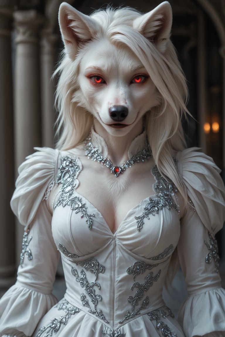 1girl,Furry, an elegant albino she-wolf android,wolf ear, wears a luxurious, form-fitting Française robe, a predominantly white gown with silver accents and intricate rococo patterns embroidered with metallic thread. I. The tight bodice flows into a voluminous skirt with cascading fabric folds and delicate shirring,

Beautiful fur, crimson eyes with mechanical irises,

Soft, diffused lighting that emphasizes the magical atmosphere. Highly detailed digital painting style. Capture Android's complex textures and subtle features at 8K resolution. , ct-identity, Midjourney_Whisper,furry,anthro